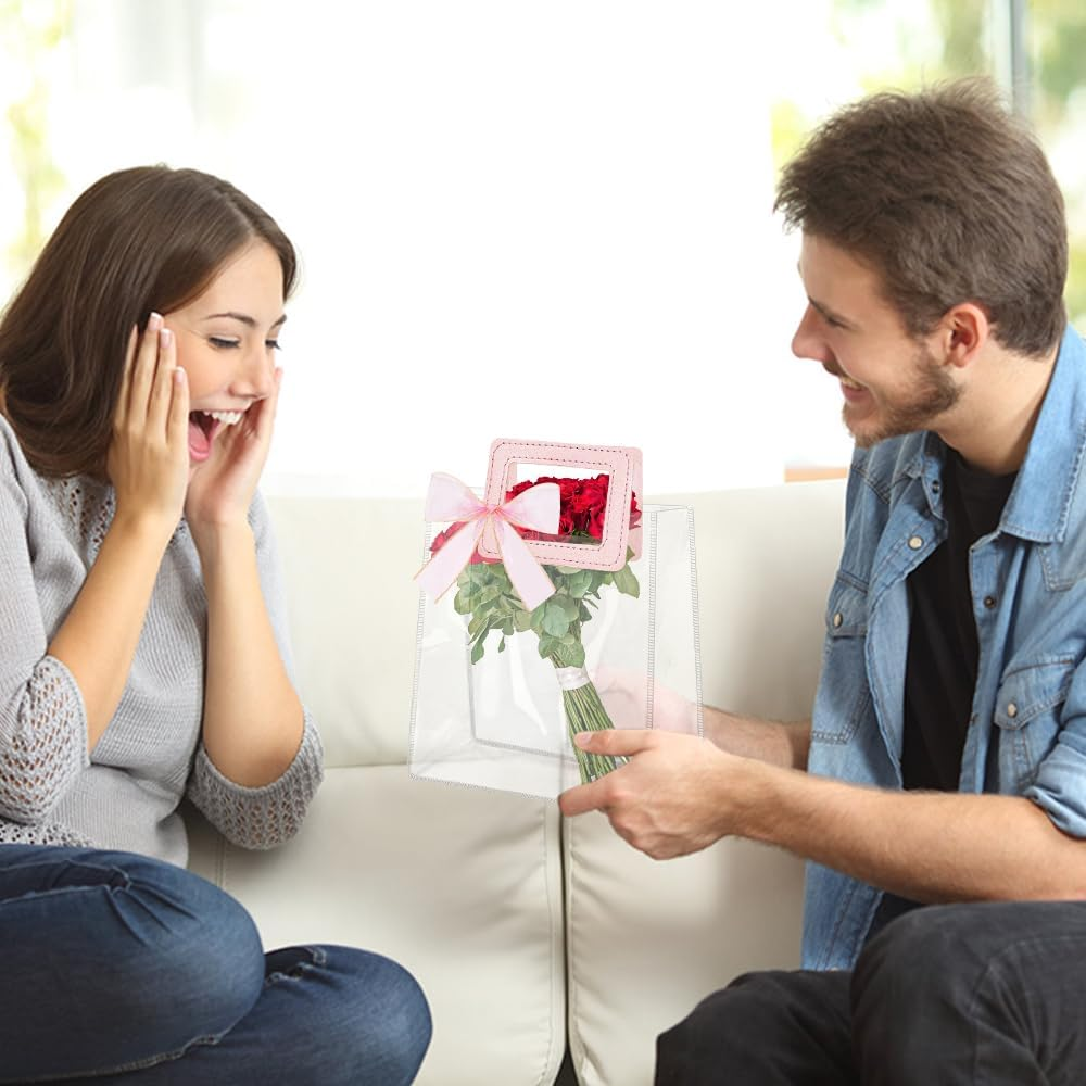 15 Pcs Clear Gift Bags with Handles, Transparent PVC Gift Bag with Ribbon, Reusable Plastic Shopping Bags, Heavy Duty Gift Wrap Bags for Bridal Party Baby Shower Wedding Birthday, 7X8X4In image number 3