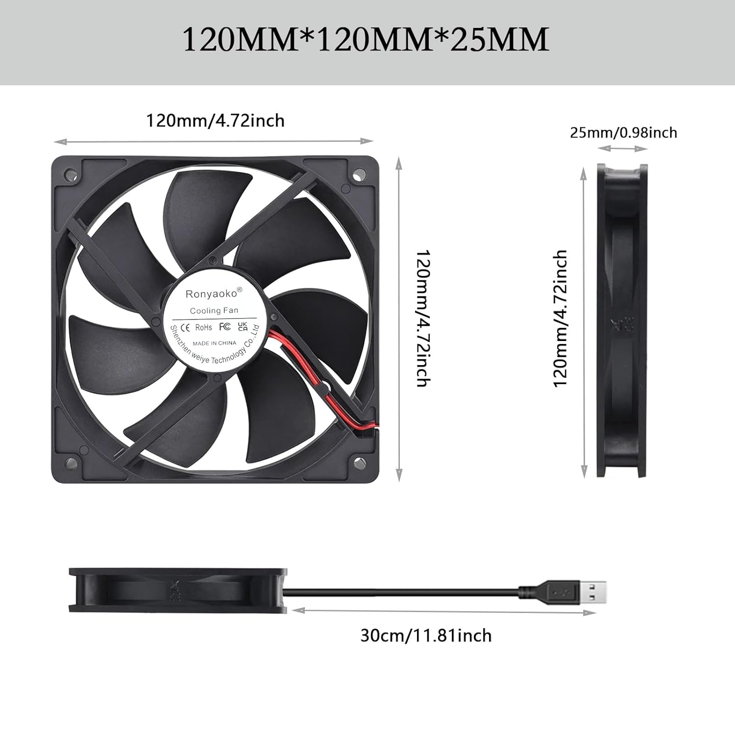 Ronyaoko 5V DC 120X120X25Mm Brushless USB 12Cm Computer Case Cooling Cooler Fan 120Mm X 25Mm (0.2A Low Speed)