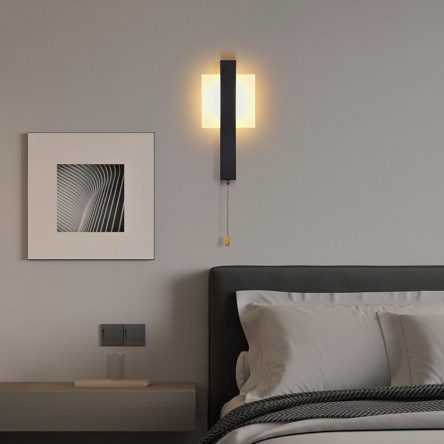 ZMH Indoor LED Wall Sconce with Switch - Black Modern Design with Pull Switch, Warm White 3000K, Square, Iron and Acrylic, 6W image number 1