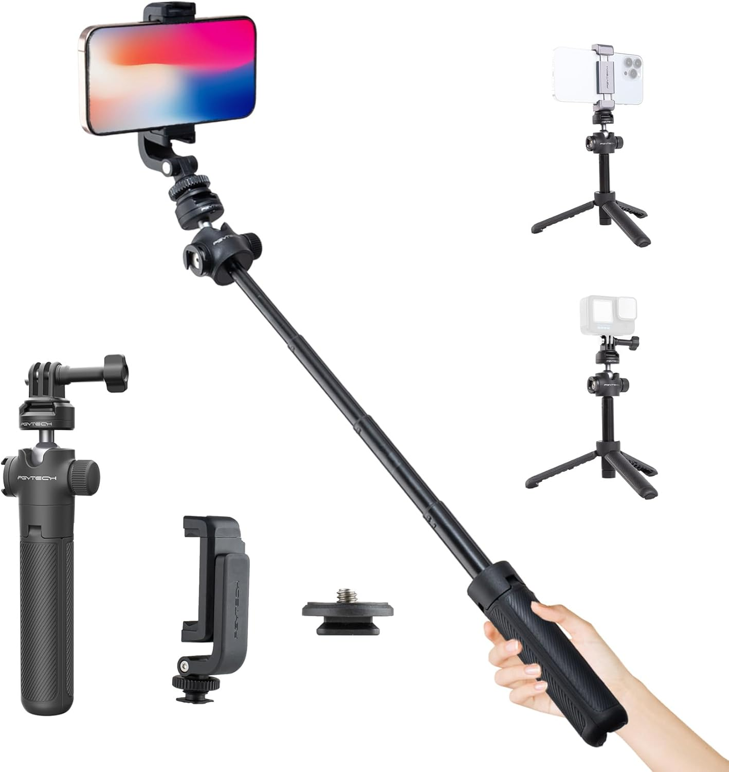 PGYTECH Caplock Extension Pole Tripod with Phone Clip for DJI OSMO Action 5/4, for Gopro Hero 13/12, OSMO Pocket, for Insta, Xiaoyi, Feiyu Action Cameras with 1/4"-20 Thread Adapter image number 1