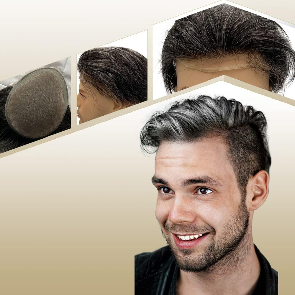 Lishy Toupee for Men Hair Pieces 100% European Virgin Human Hair Replacement System 10" X 8" Mono Lace with PU around and Swiss Lace Front Toupee Men Hair Piece 1B Mixed 60% Grey Hair
