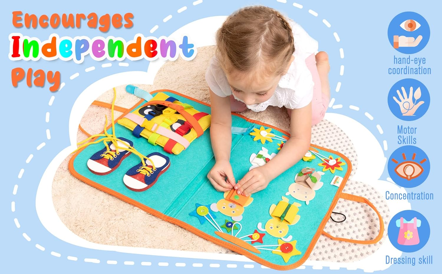 Montessori Busy Board for Toddlers 1-3, Toddler Travel Toys Airplane Activities, Educational Toys for 1 Year Old, Sensory Busy Book for 2 Year Old Boy Birthday Gift, Fine Motor Skills Learning Board image number 5