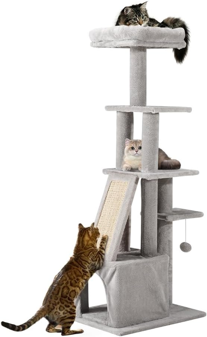 Cat Tower, 125Cm Cat Tree for Indoor Large Cats, Multi-Level Condo with Ladder, Hideaways, Pompoms and Toy, Grey