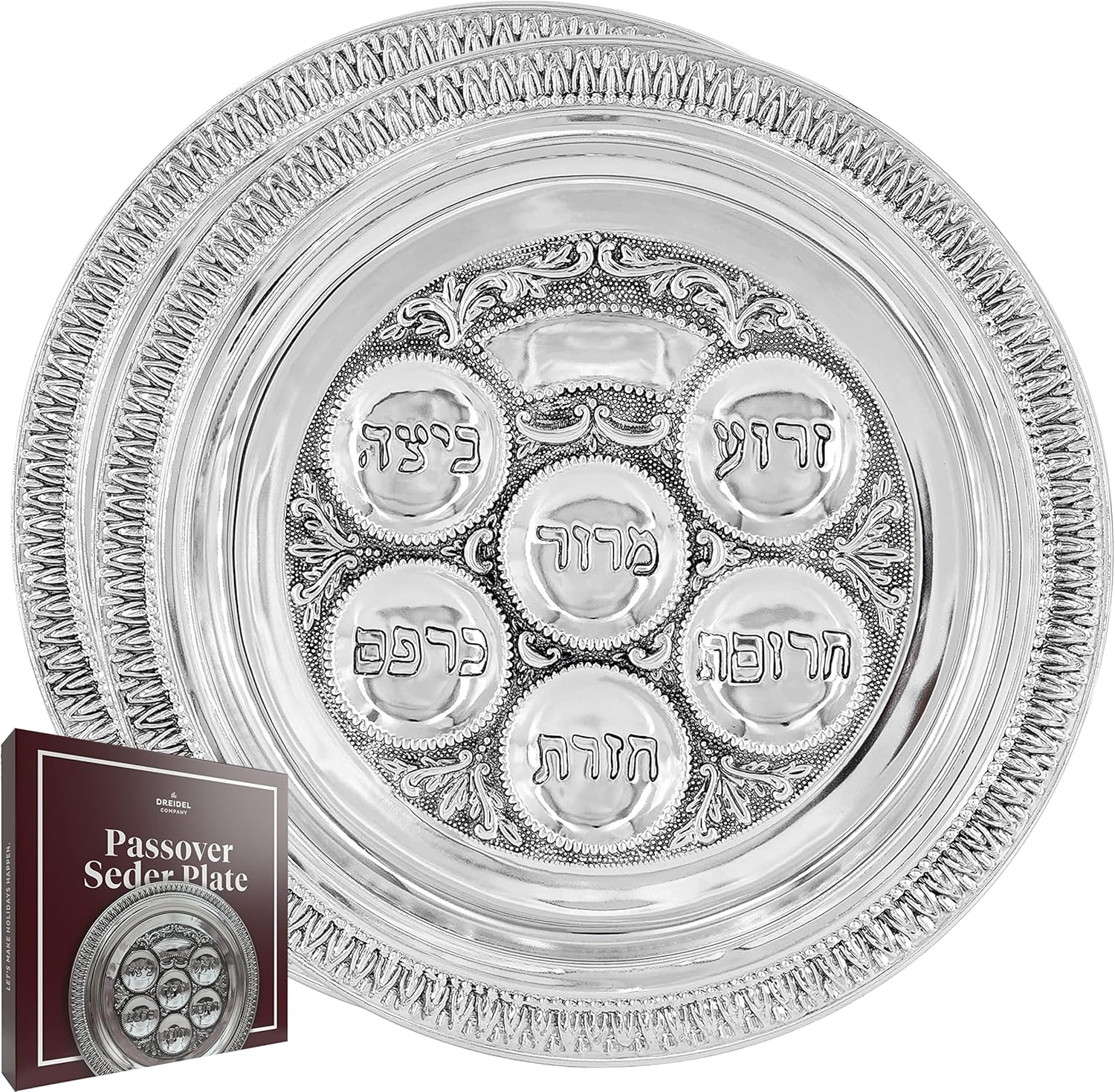 The Dreidel Company Lowest Priced Traditional Passover Seder Plate 12", Traditional Judaica Passover Seder Plate, Kaarah for Pesach (Single, Traditional Pewter)