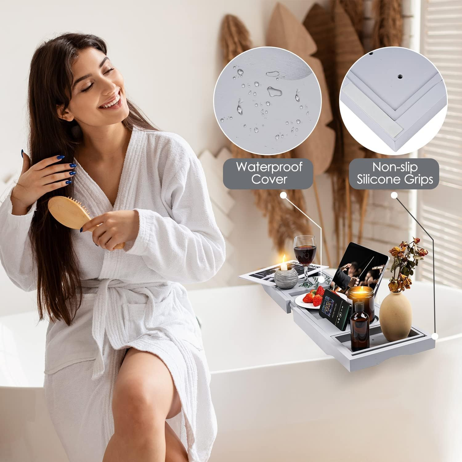 Bathtub Caddy Tray for Tub, Premium Expandable Bamboo Bath Tub Tray Table with Wine Glass Holder Book Phone Tablet Holder, House Warming Gifts, Anniversary and Wedding Gifts (Grey) - Grey image number 5