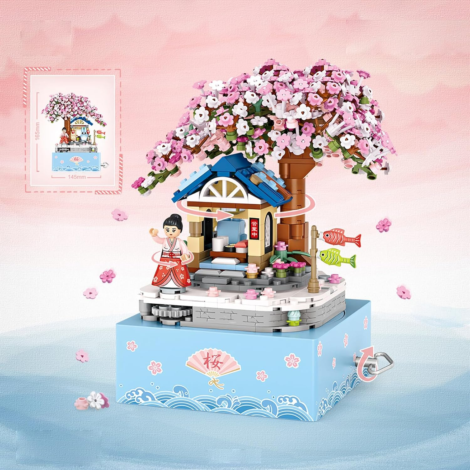 Mini Brick Sakura Music Box with Rotating Display, Sakura Music Box Building Blocks Set &ndash; 806Pcs Mini Brick DIY Cherry Blossom Tree Kit for Adults & Kids, Rotating Display Model Gift