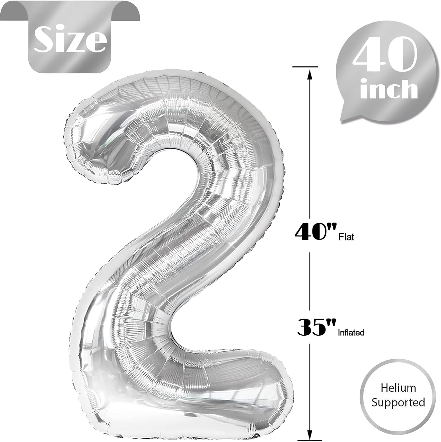 Silver 2 Balloon, Number Balloonss 40 Inch, 2Nd Balloon Number Birthday Decorations, Two Second Birthday Party Supplies, Number 2 Balloon image number 2