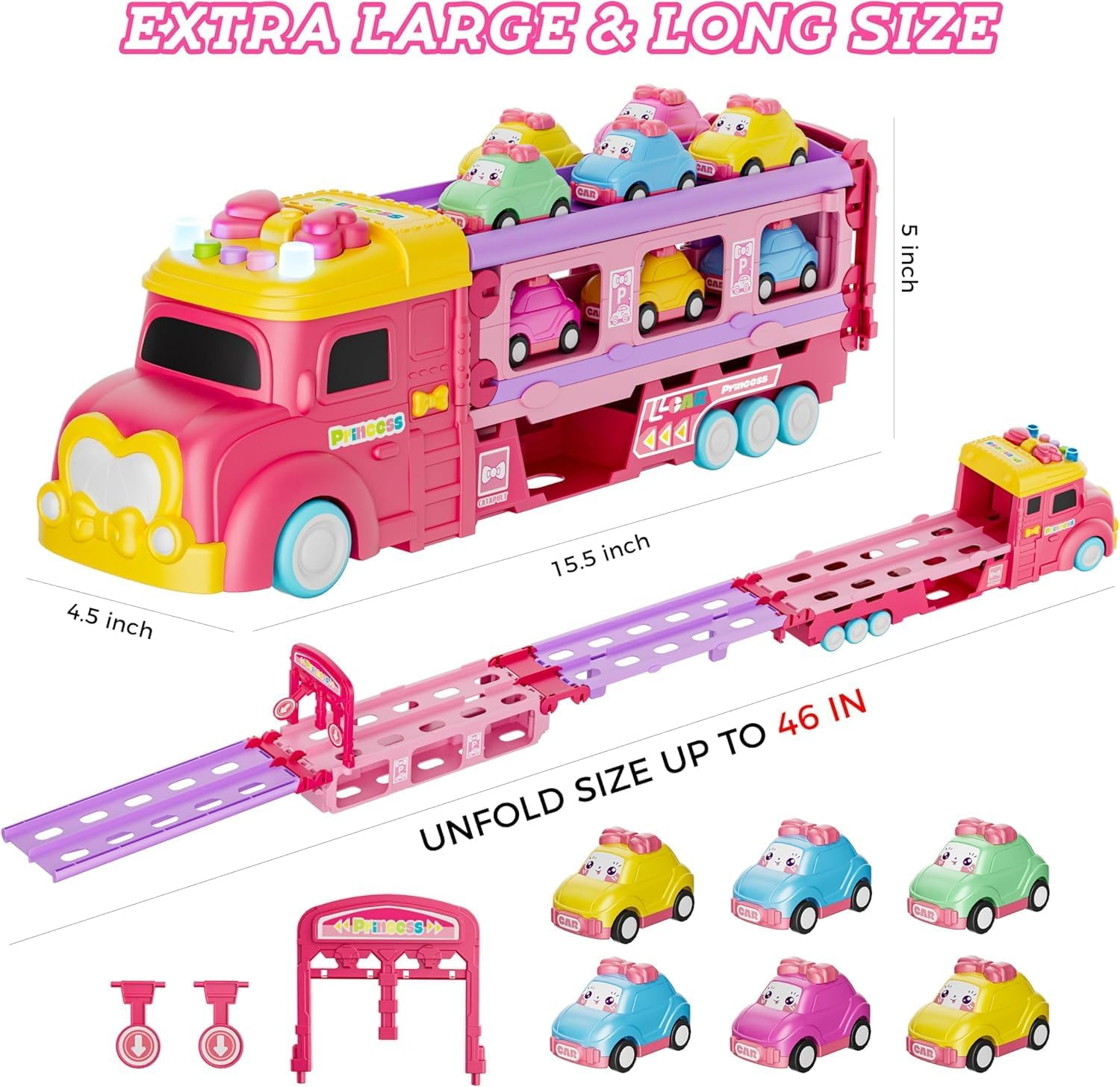 Car Toys for Age 2 3 4 5 6 7 Year Girl Toddler, Foldable Track & 2 Player Race Mode Game, Light & Sound Push Transport Carrier Truck W/ 6 Princess Car, Birthday Gift Idea for Kid image number 5