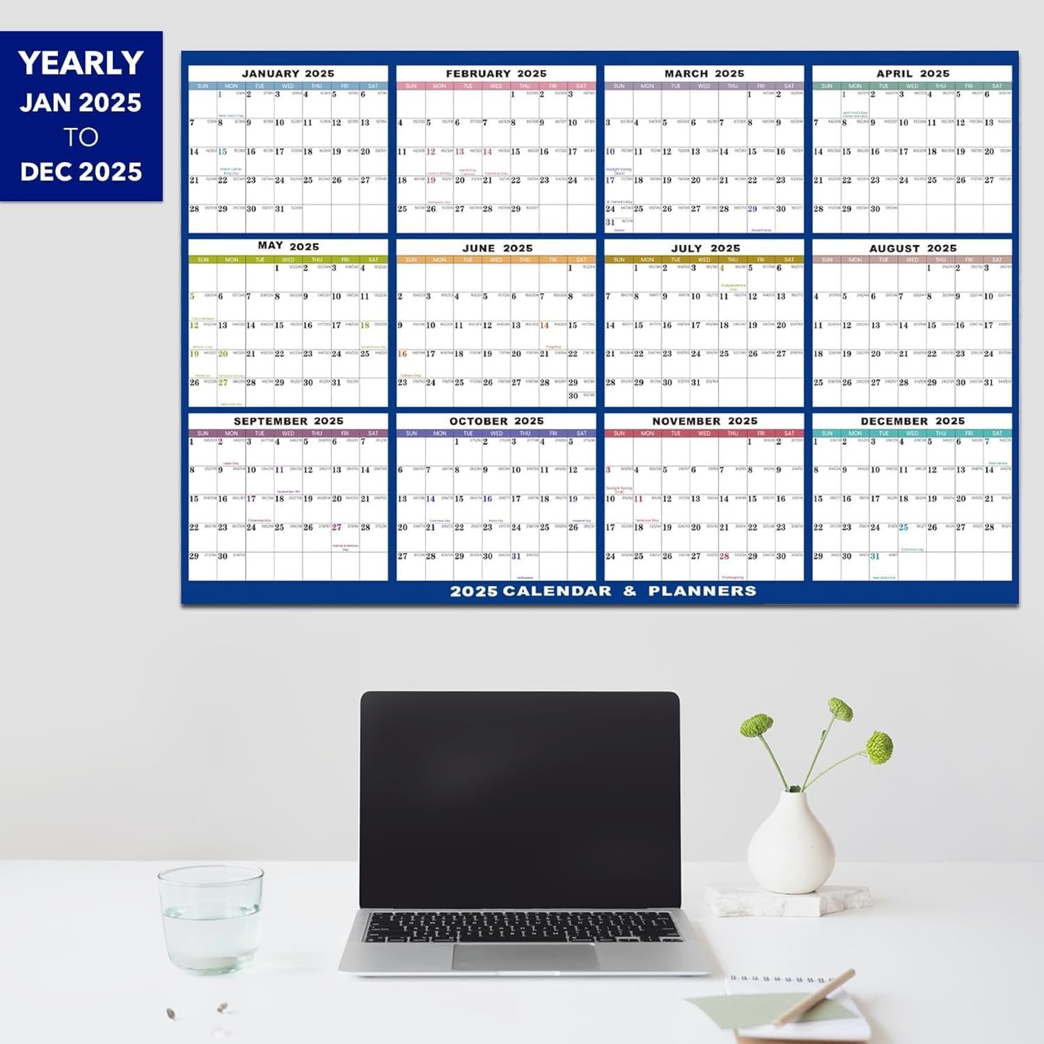 2025 Wall Calendar Erasable Large, 58 X 88 Cm, Wet & Dry Erasable Laminated 12 Month Annual Yearly Planner, Reversible, Horizontal/Vertical, Includes 2 Erasable Pens & Double-Sided Adhesive Pad image number 2