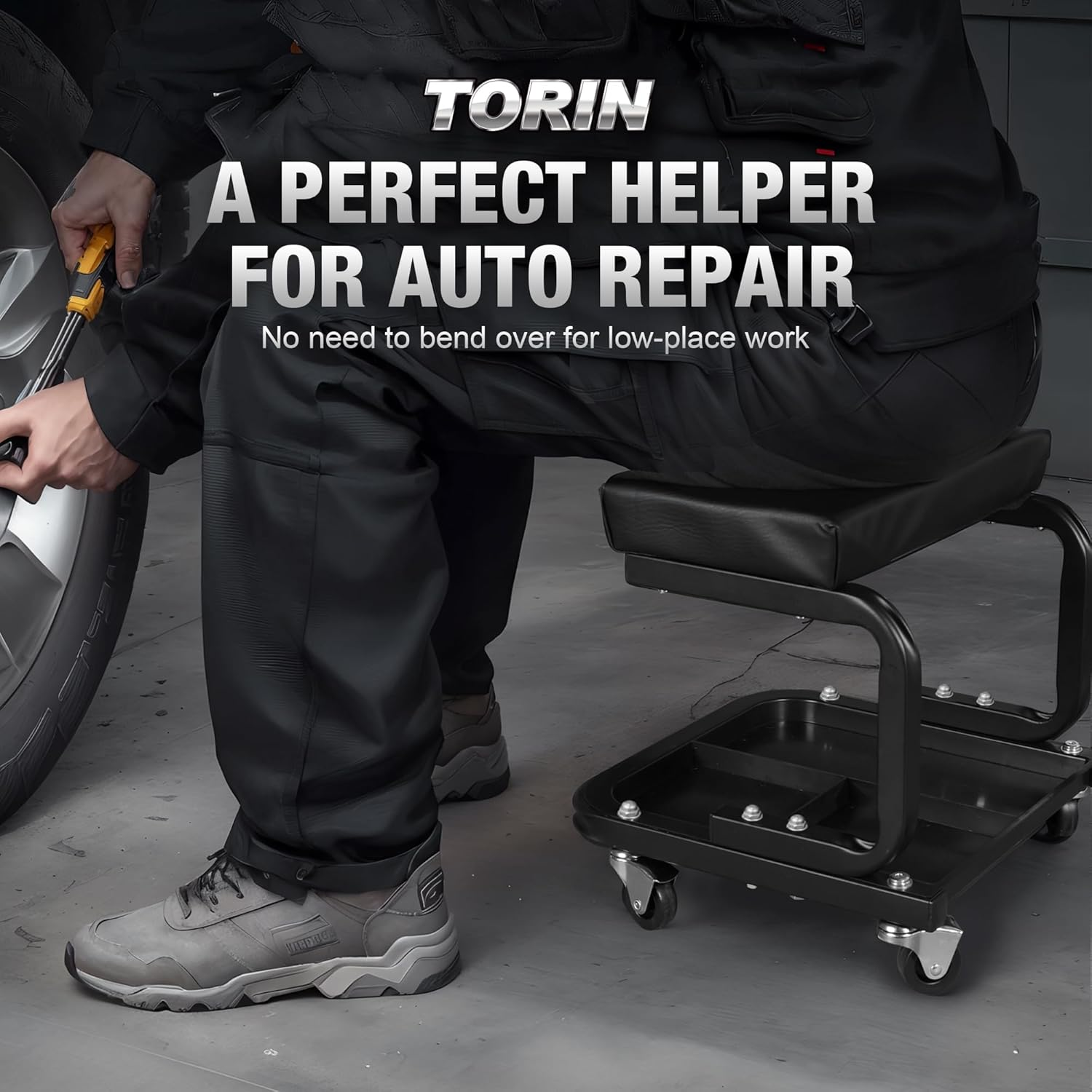 Torin TR6100W Blackjack Rolling Creeper Garage/Shop Seat: Padded Mechanic Stool with Tool Tray Storage, Black image number 4
