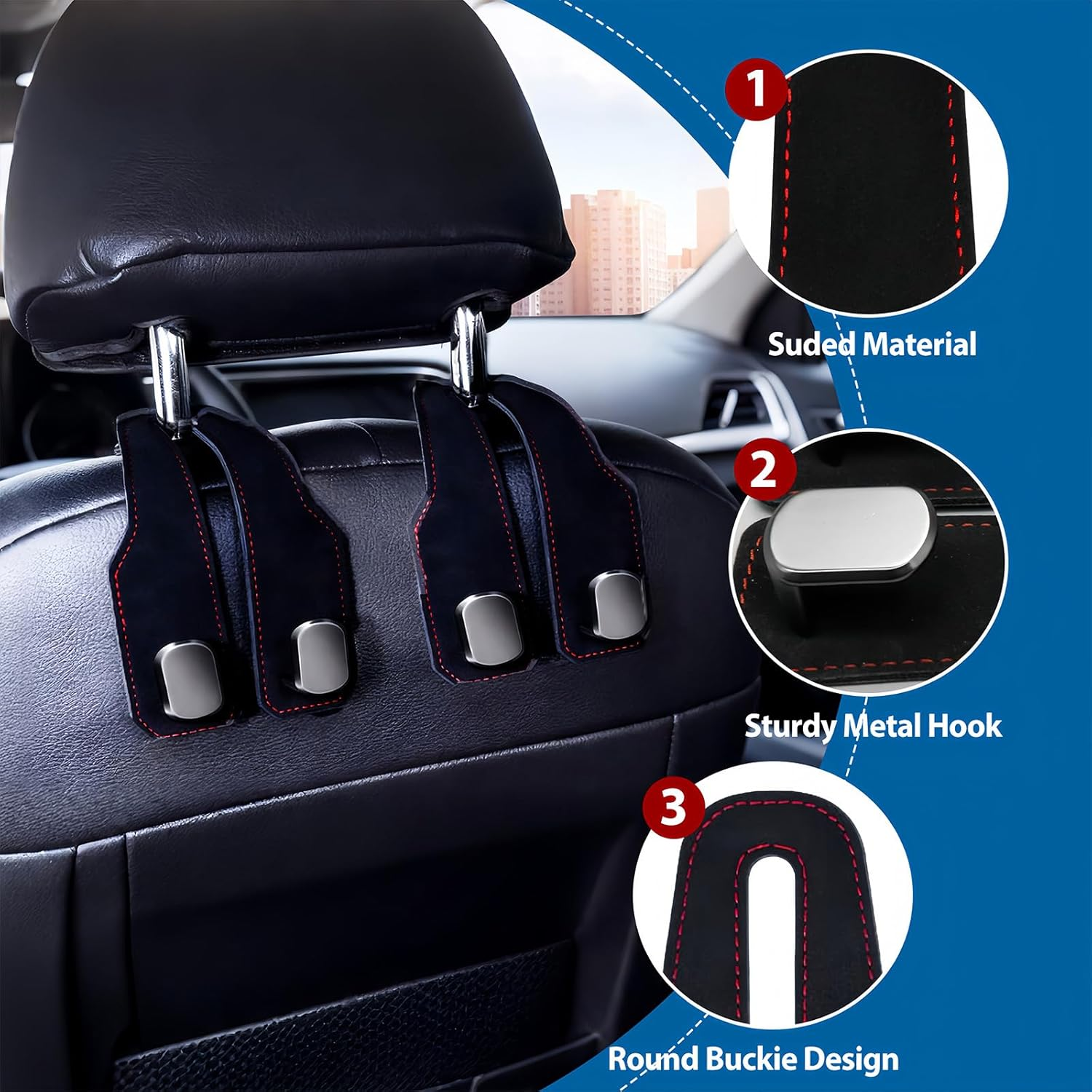 【4-Pack】 Car Seat Headrest Hook - Double Leather Storage Organizers for Handbags, Purses & Mobile Phones | Universal Fit for Cars | Heavy-Duty Metal Hooks | Easy Tool-Free Installation (Black) image number 4
