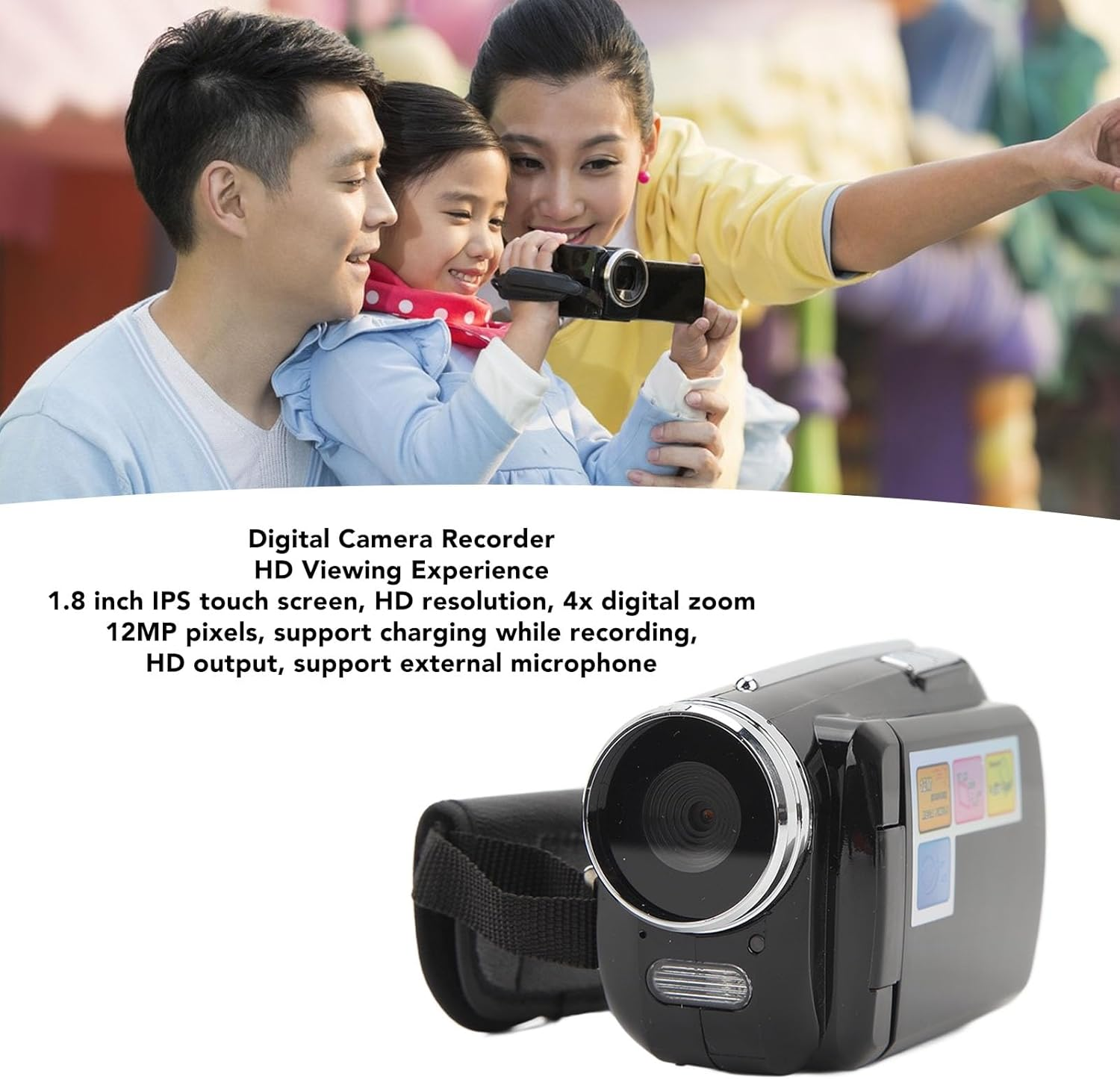 Handheld Digital Video Camera, 4X Digital Zoom, IPS Touch Screen, HD Output, External Microphone, Small Convenient,Recording, Suitable for Baby Growth Records, Travel