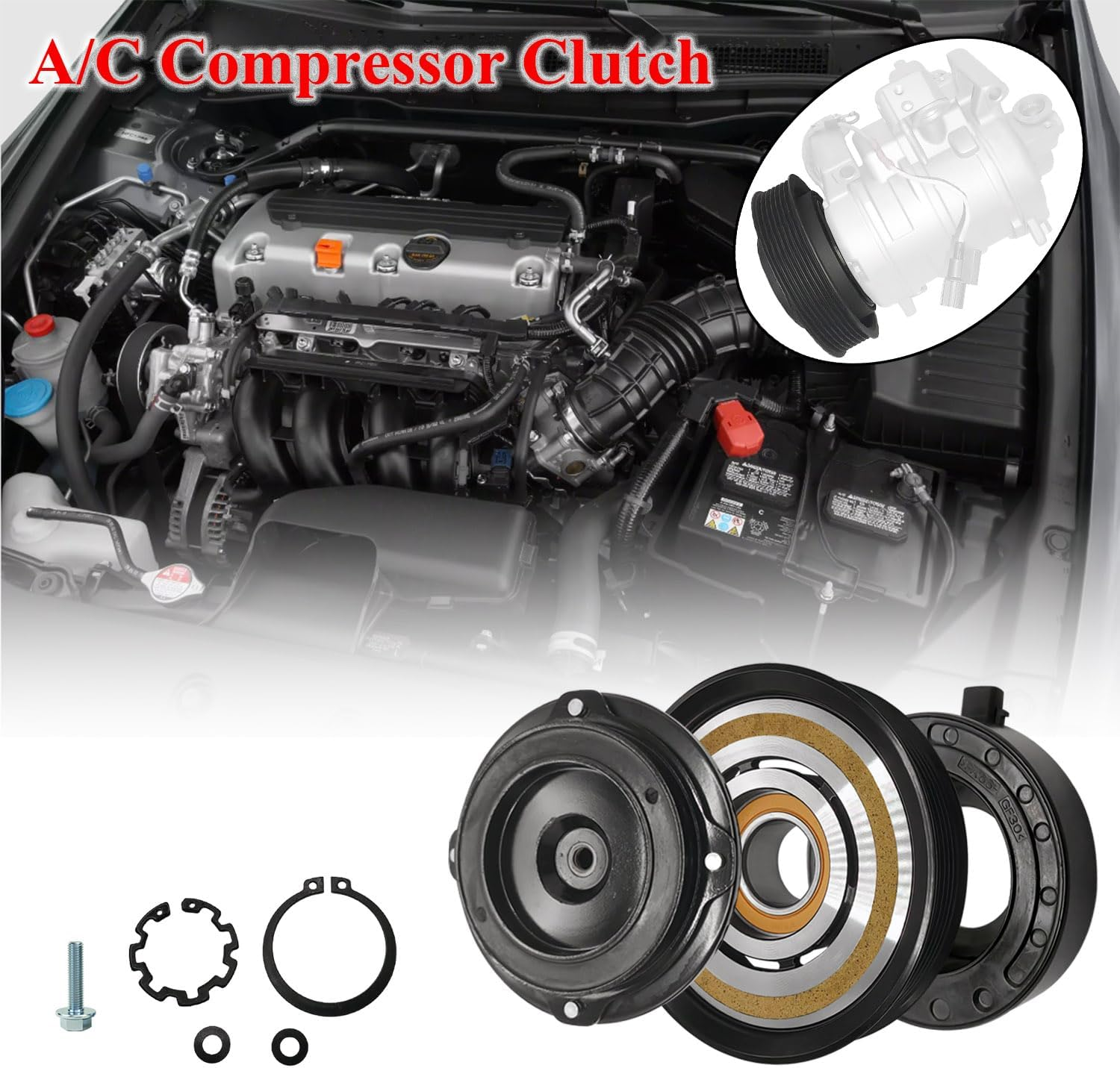 A/C Compressor Clutch Assembly Kit Plate Pulley Bearing Coil 1883 Replacement for 2008-2012 Honda Accord 6CYL 3.5L, AC Air Conditioning Compressor Clutch Coil Auto Repair Kit image number 2
