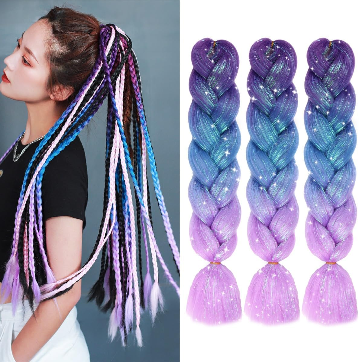 Ombre Jumbo Braiding Hair Extensions with Sparkling Hair Tinsel Strands Jumbo Braiding Hair Extensions High Temperature Fiber Crochet Twist Braids 24Inch 3Pcs/Lot (C26)