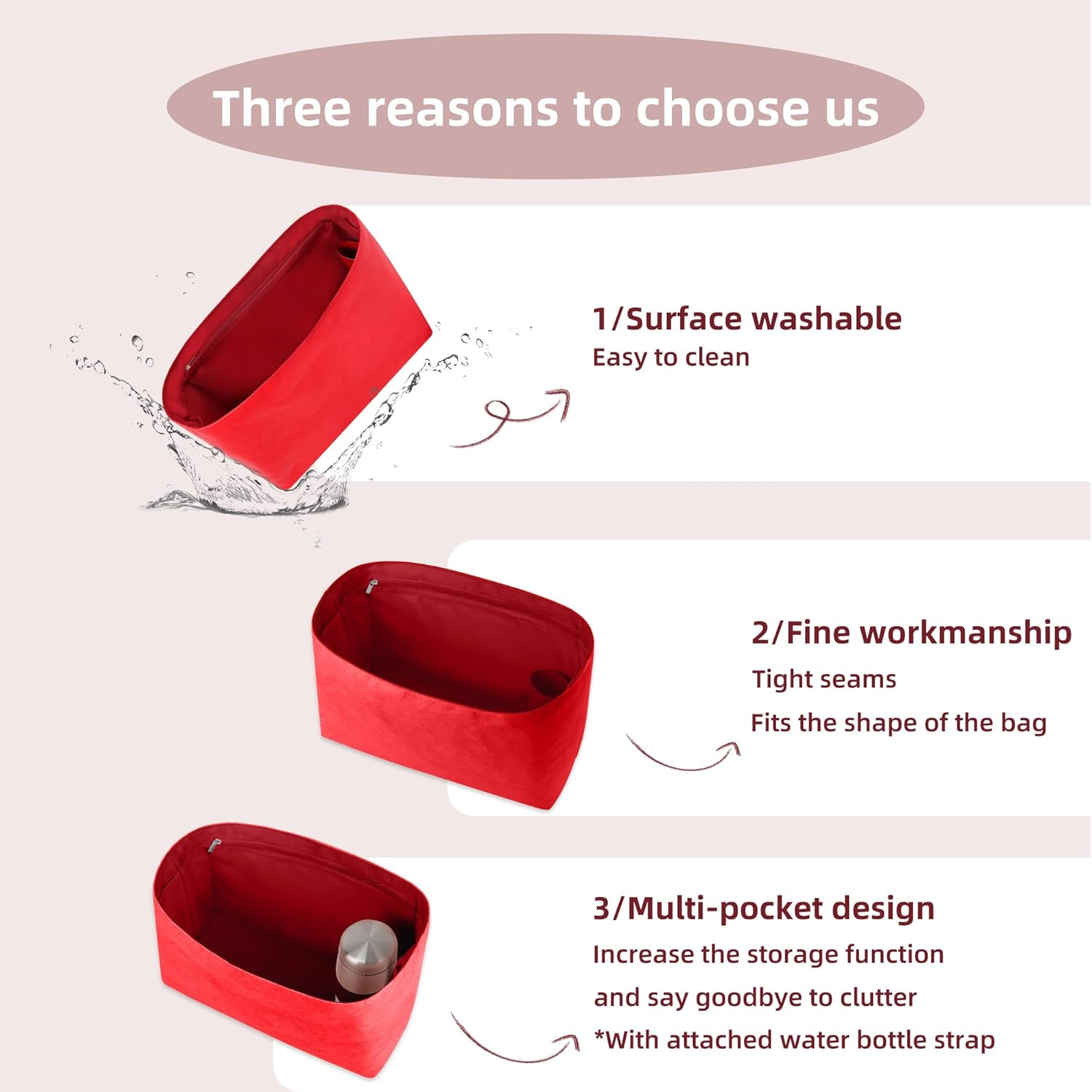 19 Neatthin Lightweight Purse Insert, Waterproof Surface and Silky Satin Lining, Fit for LV Neverfull GM (With Zipper and Bottle Holder, Ruby) image number 4