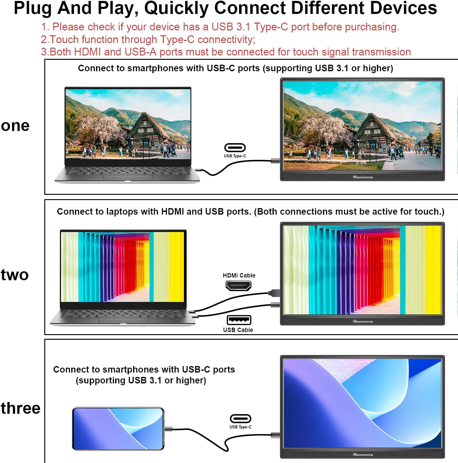 Showscren Portable Monitor 15.6 Inch Touchscreen Monitor FHD 1920X1080 HDR IPS 10 Point Touch USB C+HDMI+USB Touch Monitor with Dual Speakers, Ultra-Thin Monitor for Pc/Laptop/Mac/Xbox/Switch/Ps4/5 image number 3