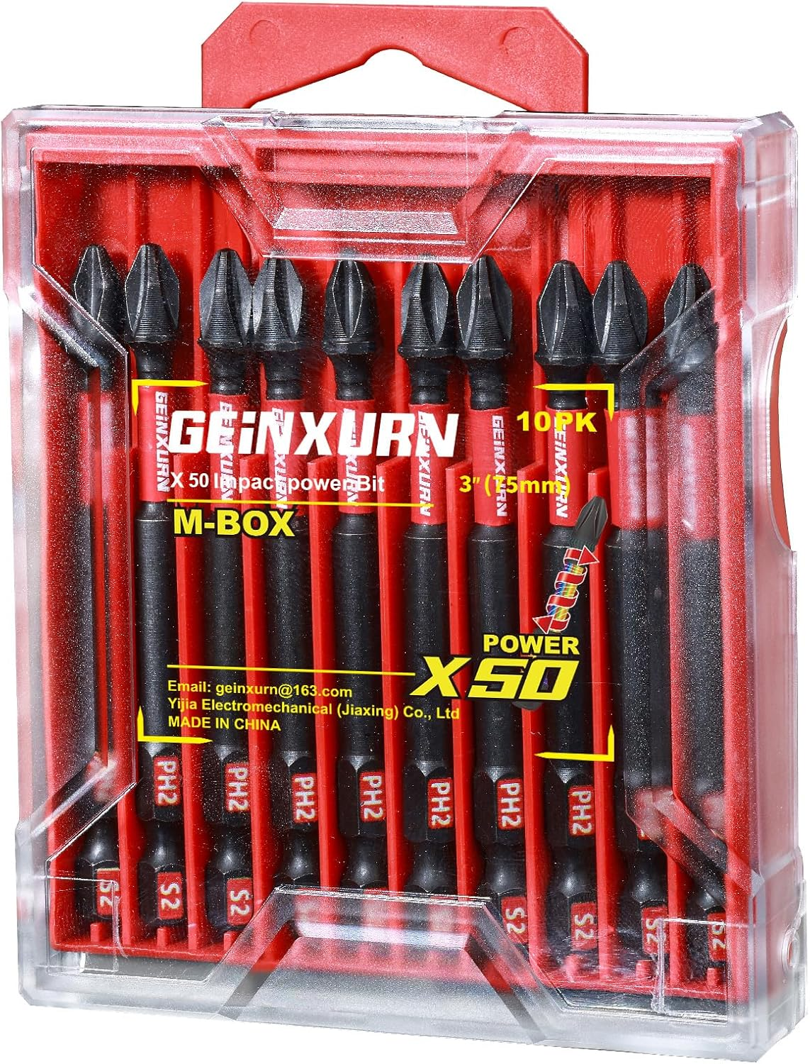 Geinxurn Impact Tough 3 In. #2 Phillips Screwdriver Bits Set,10 Pack Magnetic S2 Steel PH2 Long Power Driver Bits with Storage M-Box image number 5