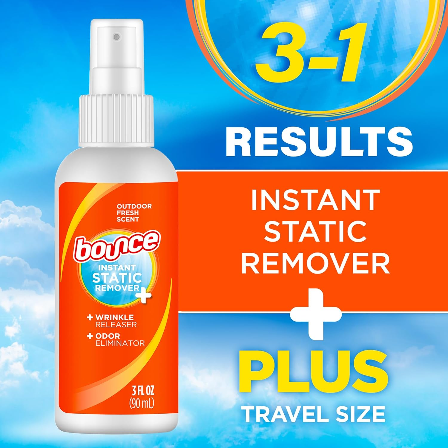 Bounce Rapid Touch-Up 3 in 1 Wrinkle Releaser Clothing Spray - RELEASE WRINKLES - Eliminates Odors & Freshens - Removes Static - TSA Approved Travel Size 3 Oz Pack of 3 image number 3