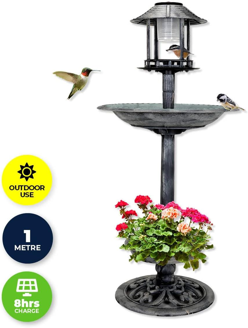 Garden Greens Solar Light Bird Bath with Feeder, 108 Cm X 50 Cm Size, Silver/Black image number 2