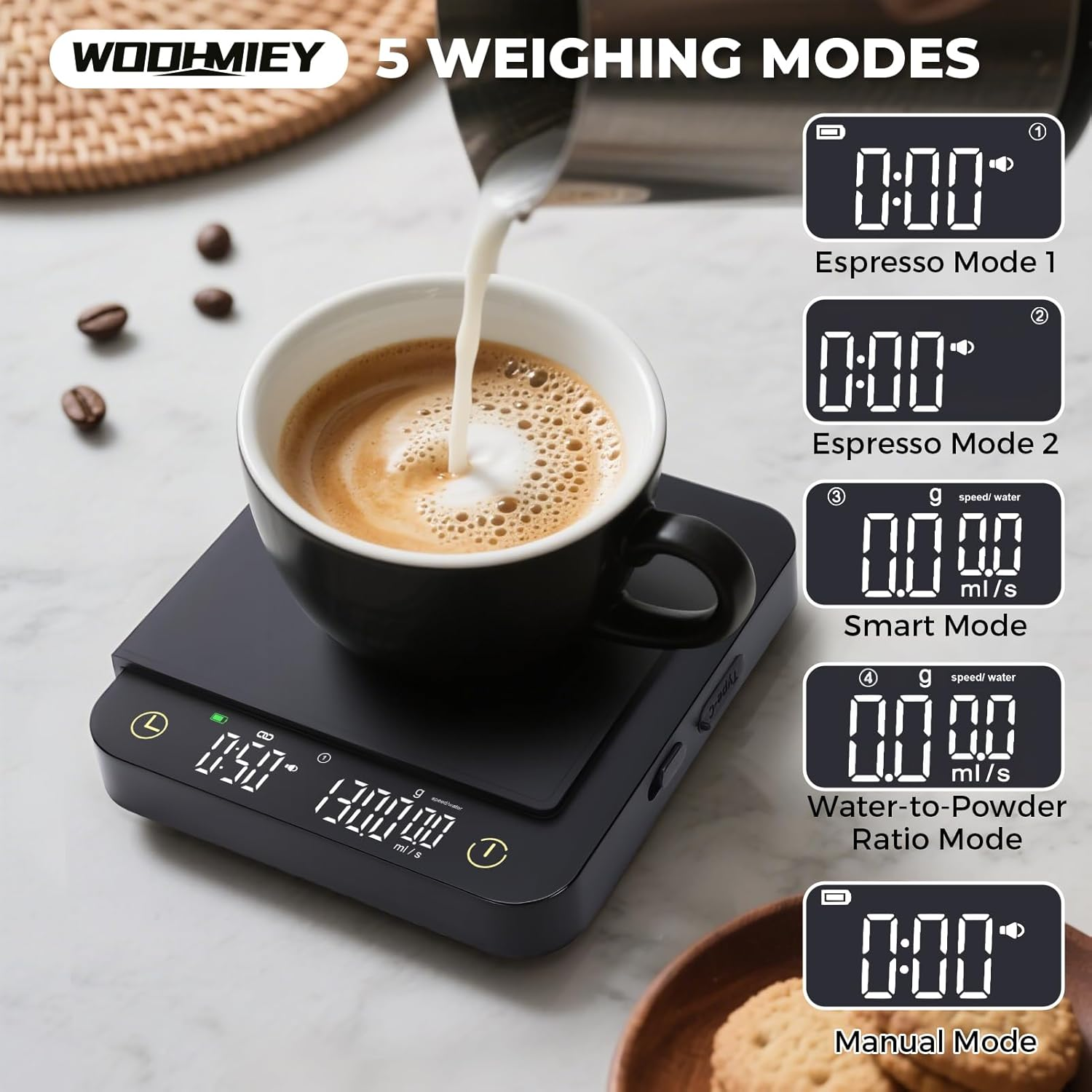 WODHMIEY Coffee Scale with Timer, 3Kg/0.1G High Accuracy, Rechargeable Mini Smart Display and Espresso Scale, Kitchen Scale with Calibration Function for Coffee Brewing Baking image number 3