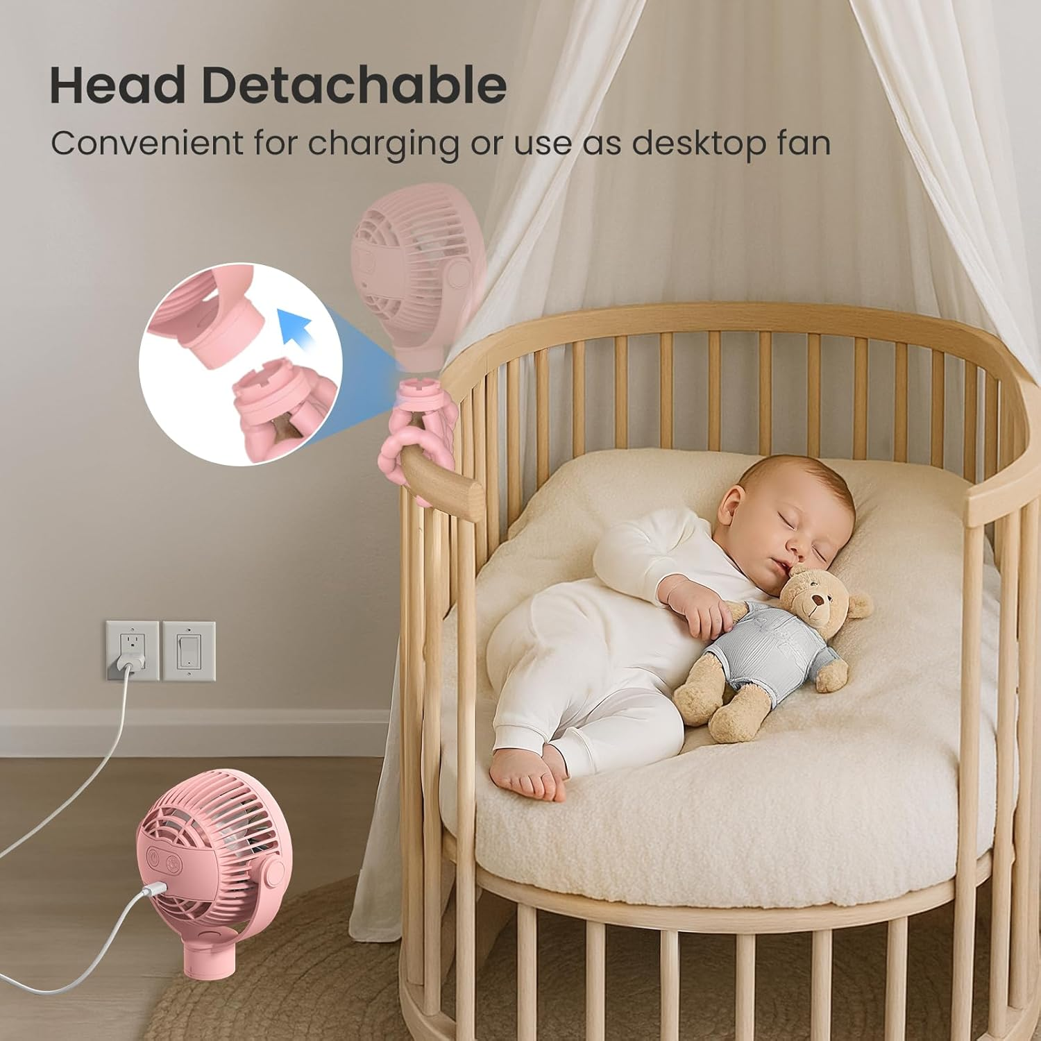 Tripole Portable Pram Fan 4000Mah Rechargeable Stroller Baby Fan 25H Battery Life, Head Detachable Mini Clip on Fans, 4 Speed Personal Desk Fans with Night Light for Car Seat Crib, Black (Pink) image number 2