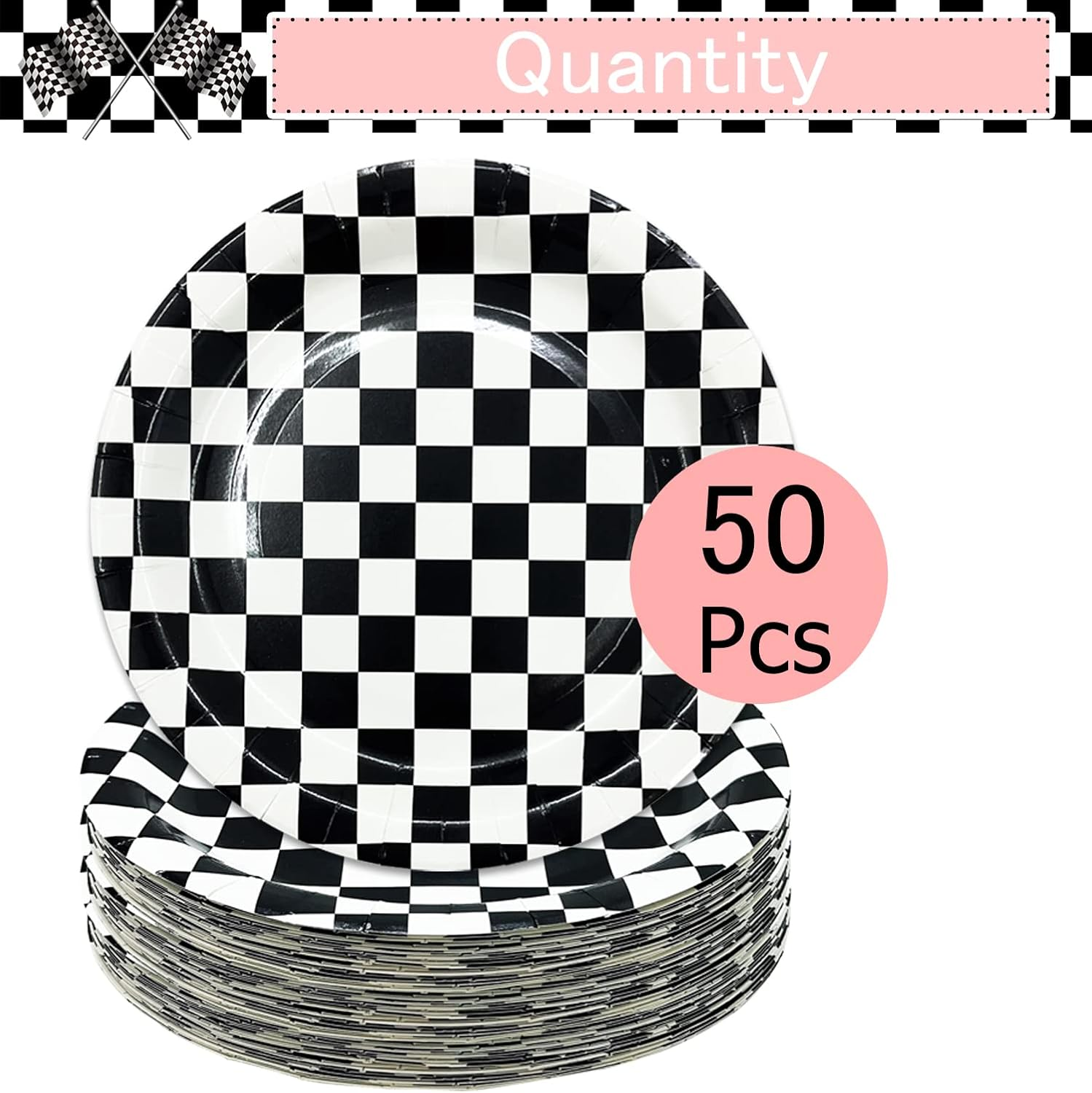 50 PCS Race Car Dessert Plates 7 Inch Black and White Checkered Paper Plates for Racing Theme Party Birthday Baby Shower Decoration Disposable Party Plate