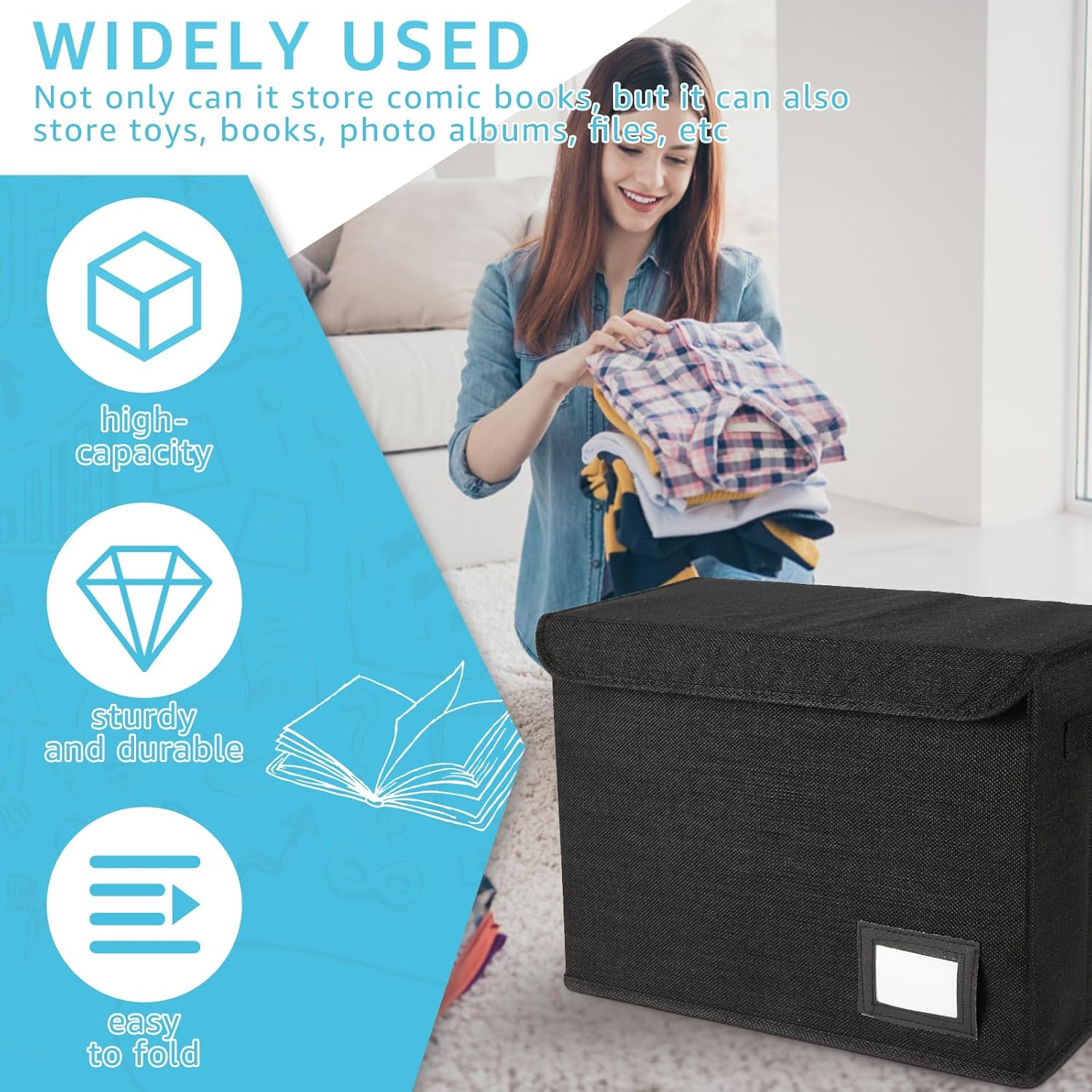 Comic Book Storage Box, Collapsible Comic Book Box, Washable Integrated Comic Book Bin, Foldable Comic Short Box Holds 150-180 Comics, Comic Book Bin Container for Home Office (Black)