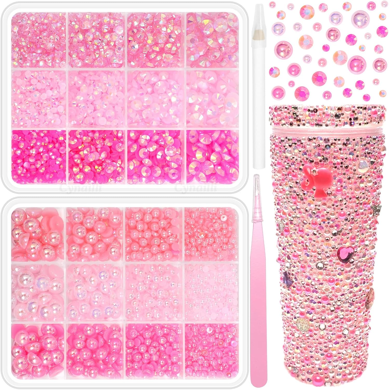 2 Boxes Pink Color Flatback Pearls and Resin Rhinestones for Crafting, 3-6 Mm Jelly Rhinestones, Mixed Size Half Pearl Bedazzling Gems for Nail DIY Crafts Mugs Bottles Tumblers Clothes Makeup image number 2