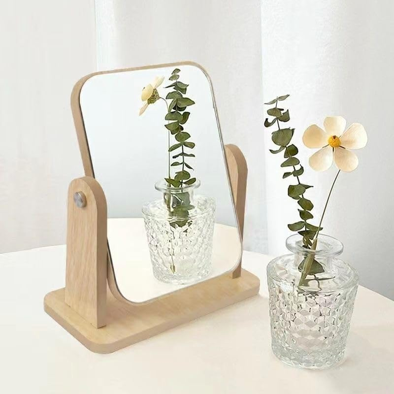 Desk Vanity Makeup Mirror with Natural Bamboo Stand Tabletop Travel, Wood Portable Table Desk Countertop Mirror Bathroom Shaving Make up Mirror Adjustable Mirror image number 5