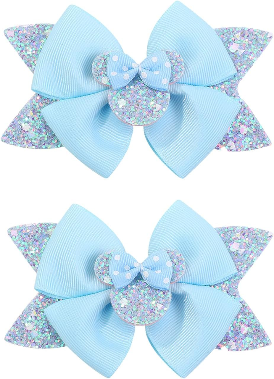 2 Pcs 4.5"Mouse Ears Hair Bows Clips for Kids Baby Girls Women, Glitter Party Princess Decoration Cosplay Birthday Christmas Party.(Fj40) (White)