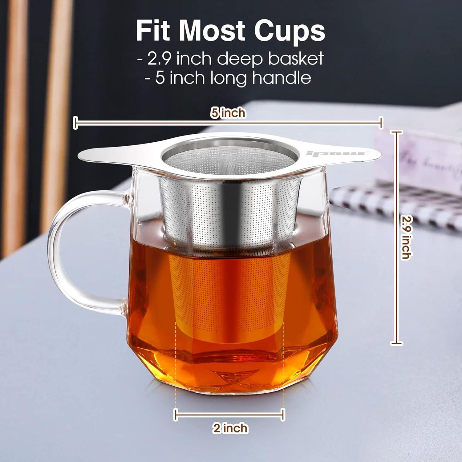 IPOW Reusable Stainless Steel Coffee Filter, Paperless Coffee Maker Strainer, Double Fine Mesh Basket for Loose Tea& Ground Coffee, Coaster Lid, Long Handle for Cup, Mug &Teapot image number 5