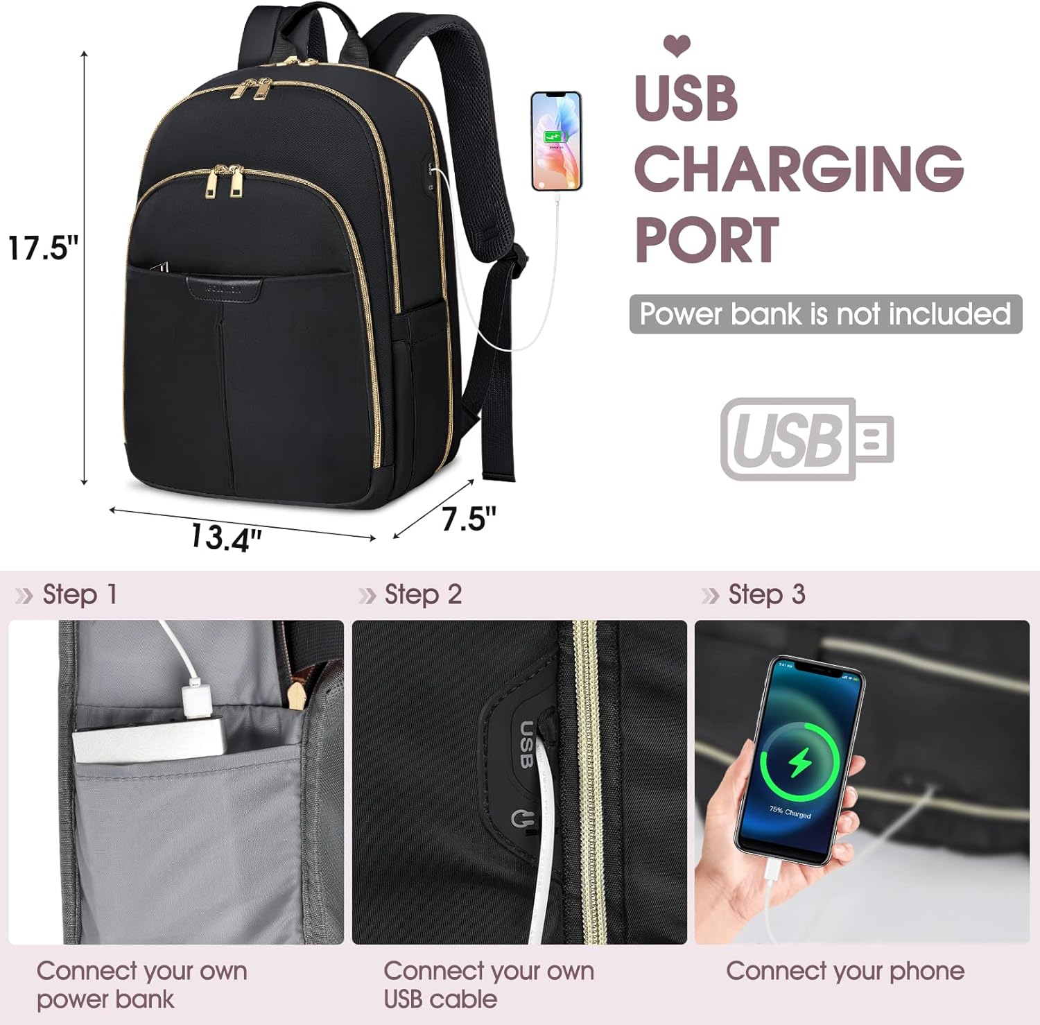 Laptop Backpack for Women Travel Backpack IGOLUMON 15.6 Inch Laptop Bag with USB Charging Port Backpack for School, College image number 6