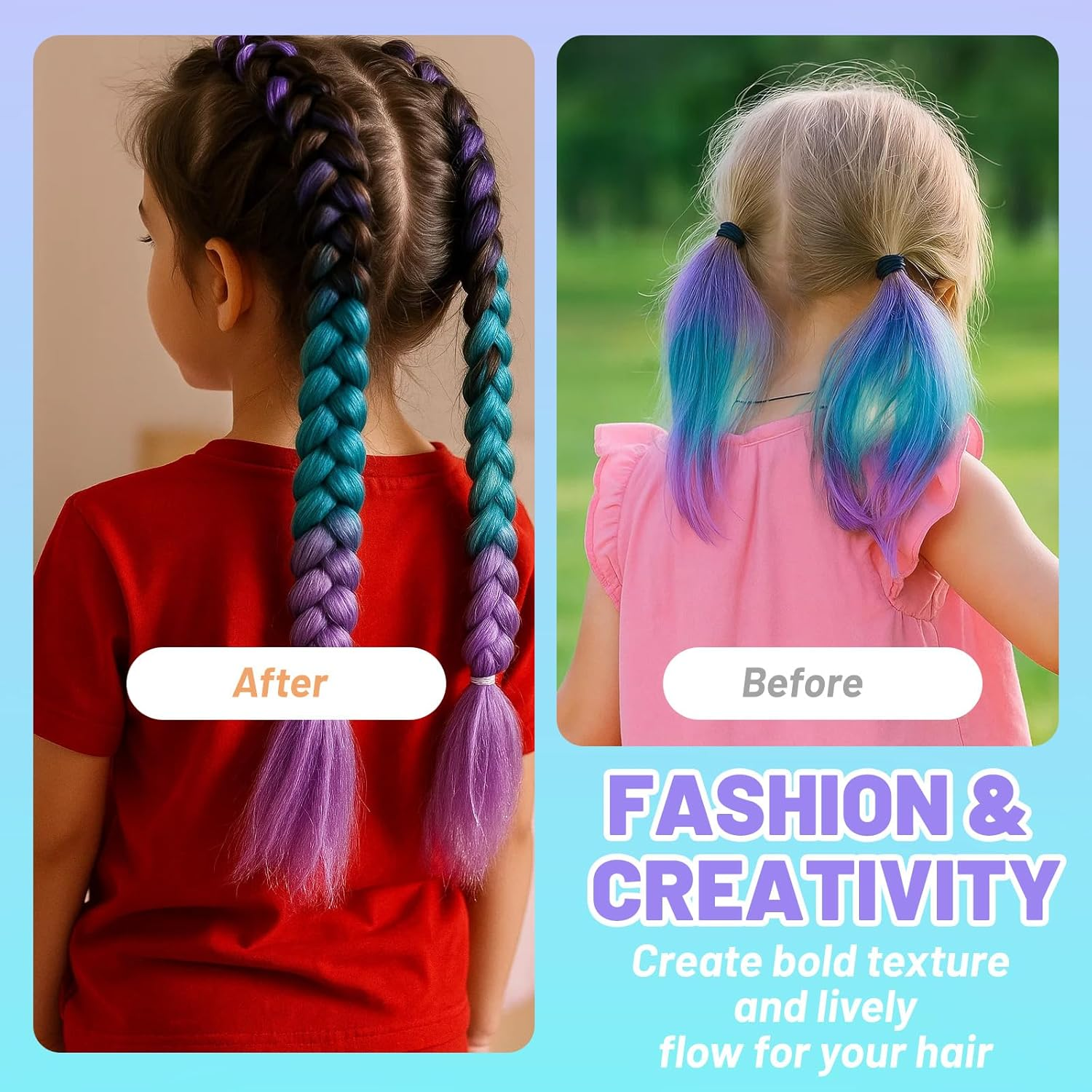 4 X Synthetic Hair for Braiding 70 Cm - Hair Strands for Braiding with Hair Ties, Braided Braid Extensions in Blue/Purple & Pink-Red, High-Quality Braids for Children, Party, Carnival and Holiday image number 5