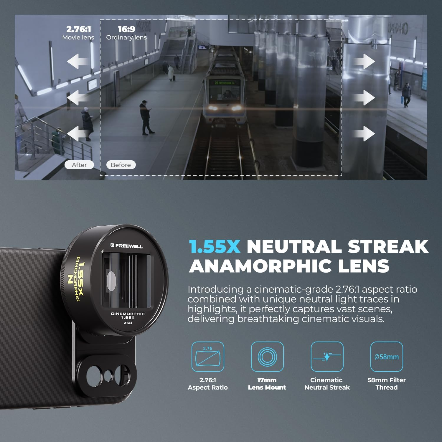 Freewell 1.55X Neutral Streak Anamorphic Lens Compatible with 17Mm Mount Iphone & Samsung - Cinematic Bokeh, Smooth Streak Effect, Easy Installation image number 1