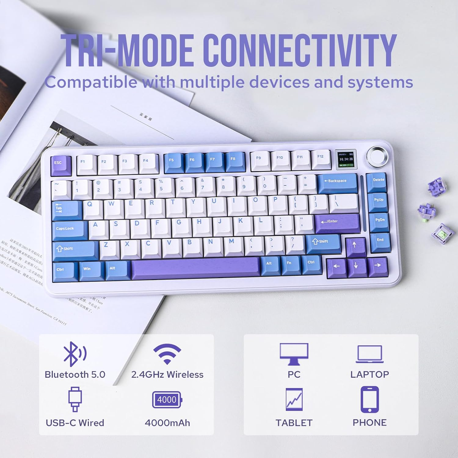 EPOMAKER Cypher81 75% Mechanical Keyboard with TFT Screen & Knob, Type-C/Bt/2.4G Wireless Gaming Keyboard, Cushioned Gasket-Mount Keyboard with RGB Backlight for Pc/Mac (Wisteria Linear Switch) image number 4