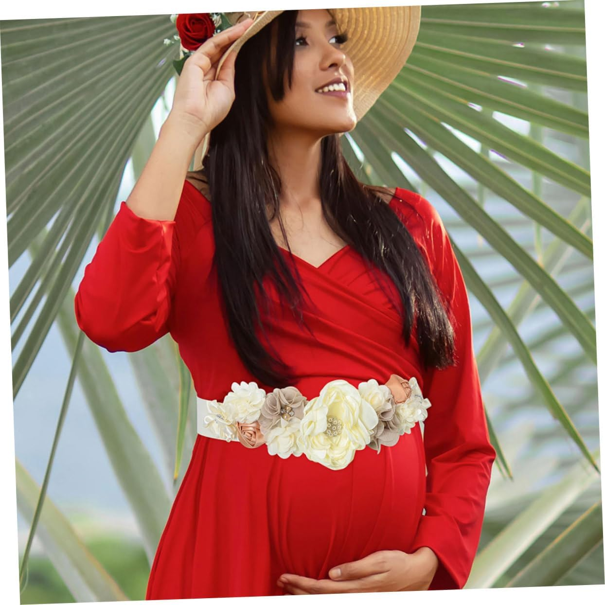 2Pcs Floral Satin Ribbon Maternity Sash Belt for Shower Pregnancy Photoshoot Belly Band Rhinestones for Expectant Mothers Beige image number 5