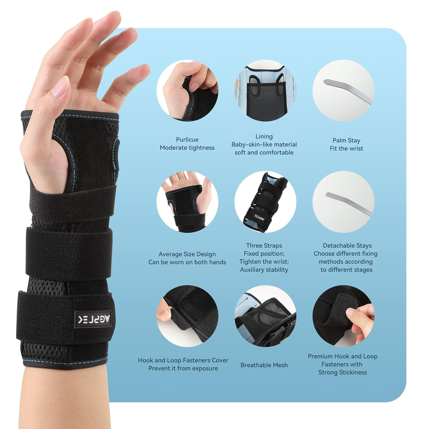 AGPTEK Carpal Tunnel Wrist Splint Adjustable Wrist Brace Wrist Support Brace for Injury Recovery Tendonitis Wrist Pain Sprain Sports - Black image number 2