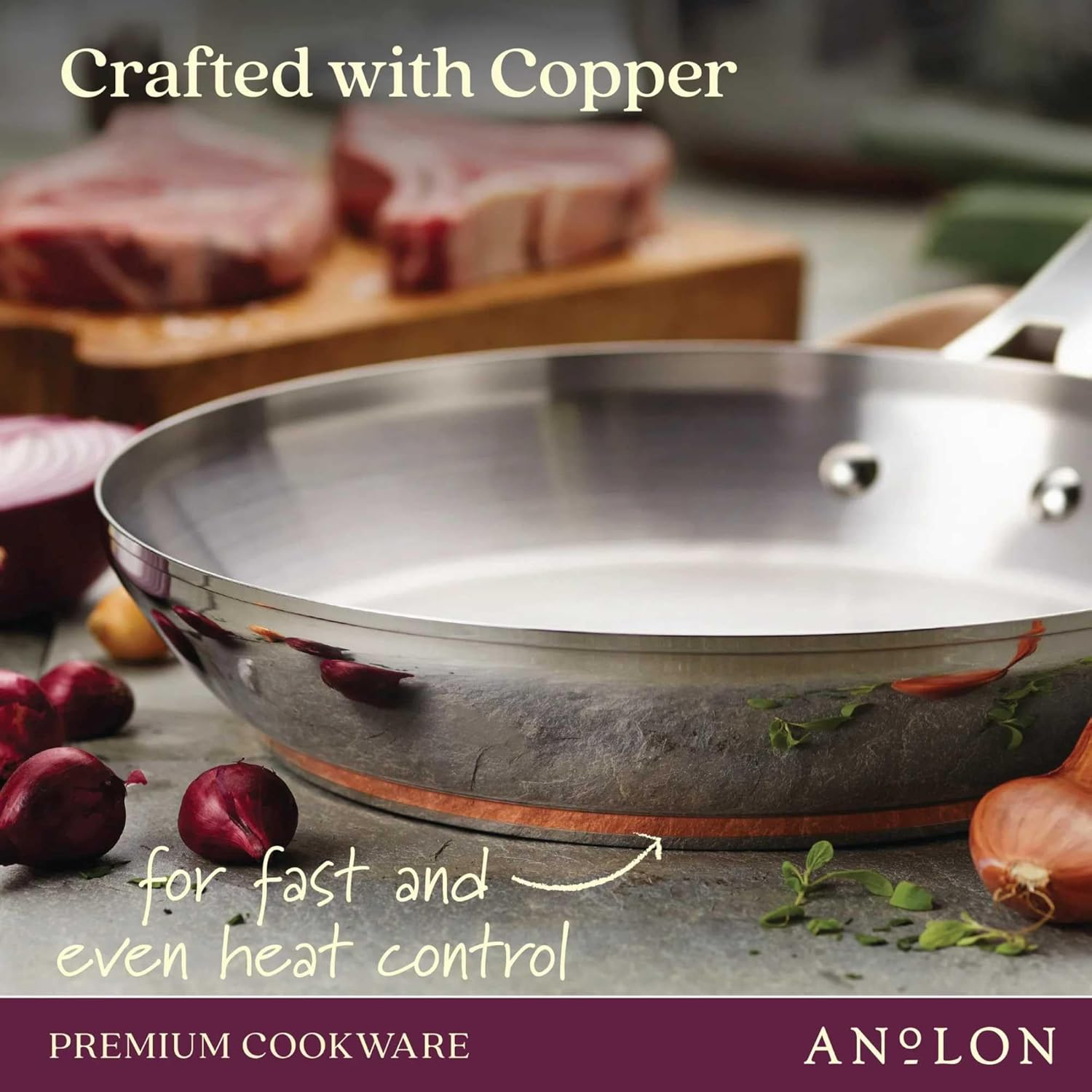 Anolon Nouvelle Copper Stainless Steel Induction Skillet Twin Pack - Copper Core Frypan Set for Fast and Even Heating with Durable Stainless Steel Construction - 20 Cm and 24 Cm Size image number 6