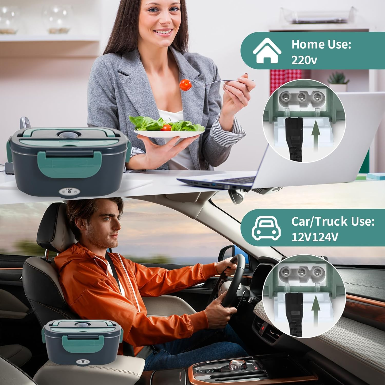 Stusgo Electric Lunch Box Warmer Heated Lunch Box, 60W, Leak Proof with 304 Stainless Steel Container & Spoon, AU Socket 220V 12V 24V, 3 in 1 Portable Food Warmer for Car, Home, Office, School(Green) image number 4