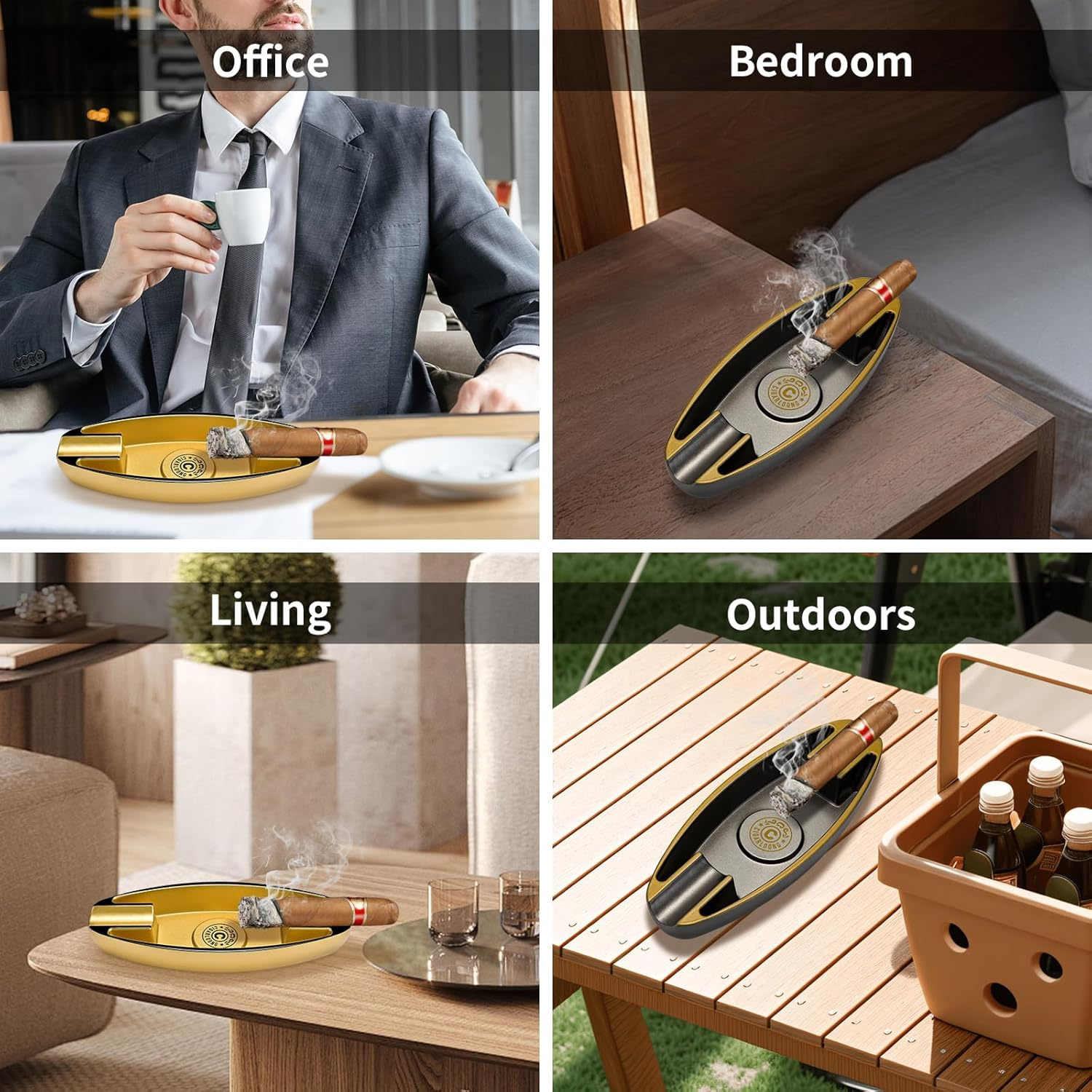 Outdoor Cigar Ashtray, Resin Ashtray, Portable Cigar Ashtray with 2 Holders for Home, Patio, Travel Use (Gold),1 Piece