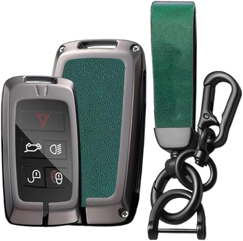 Ontto Alloy Leather Car Key Fob Cover Fit for Range Rover Evoque Sport Vogue Discovery 5 for Jaguar E I-PACE 2018-2023 Smart Key Holder Case Keyring Shell Bag Keychain Accessories