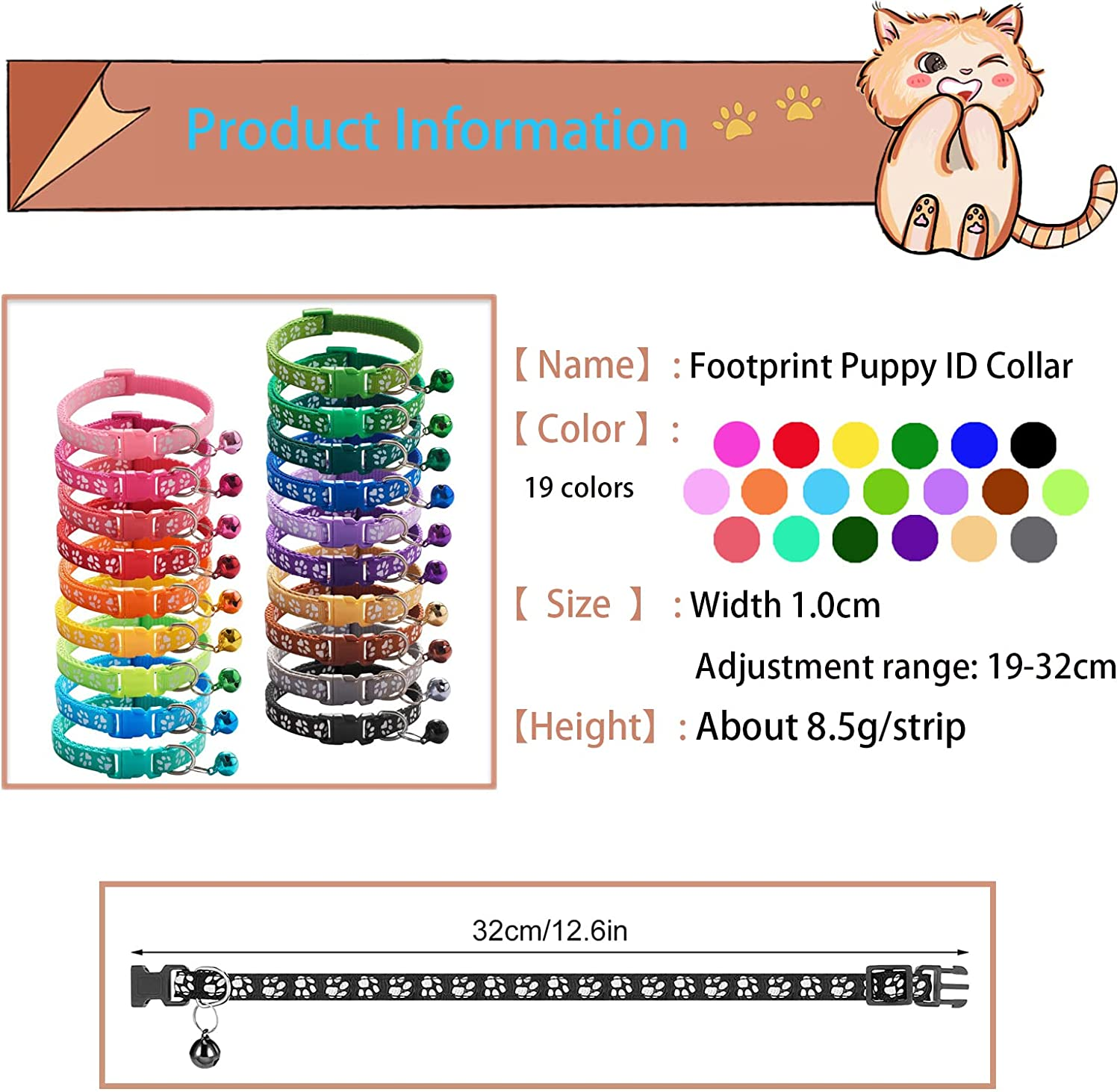 19 PCS Puppy ID Collars Footprint Puppy Collars Puppy Collars with Bell Adjustable Puppy Collars Cat Head Shape Safety Buckle Collars Newborn Puppy Puppy Cat Collars image number 2