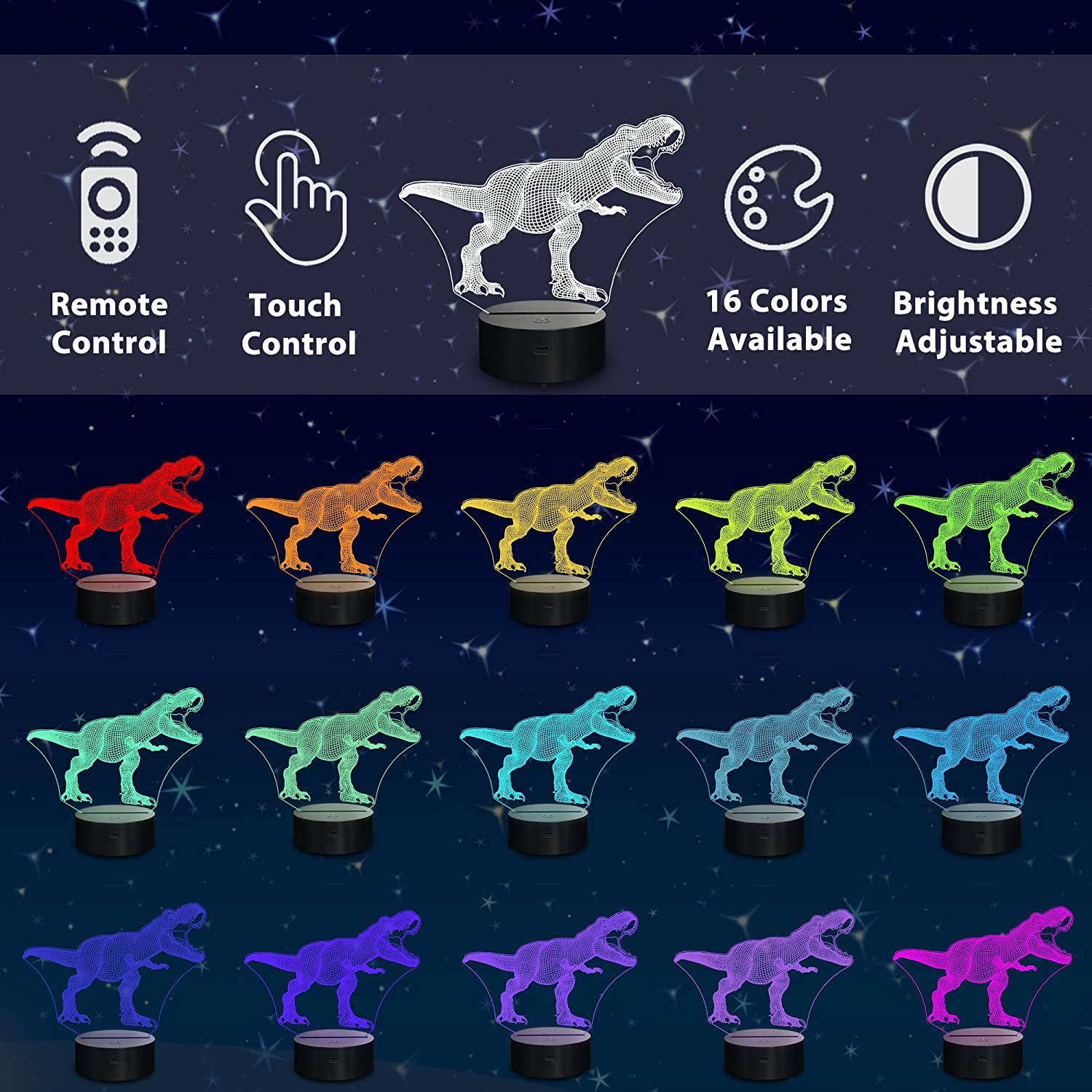 Dinosaur Night Light, Lampeez 3D T-Rex Bedside Lamp with Remote Control 16 Colors Changing Kids' Room D&eacute;cor Birthday Xmas Halloween Gifts for Child Baby Boy image number 1