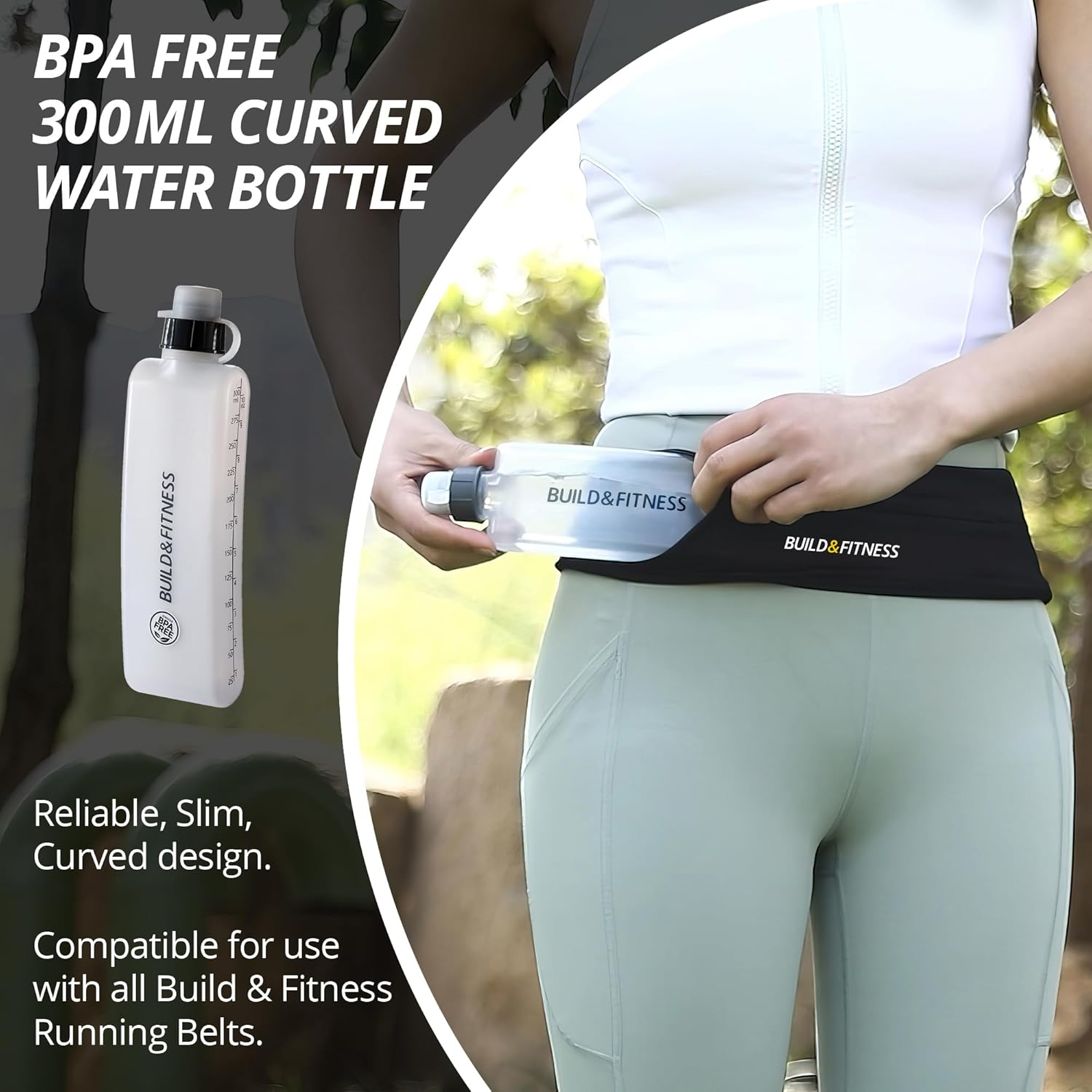 Build & Fitness Curved Water Bottle for Running Belts, Hydration Running Bottle, Easy to Use, 300Ml image number 3