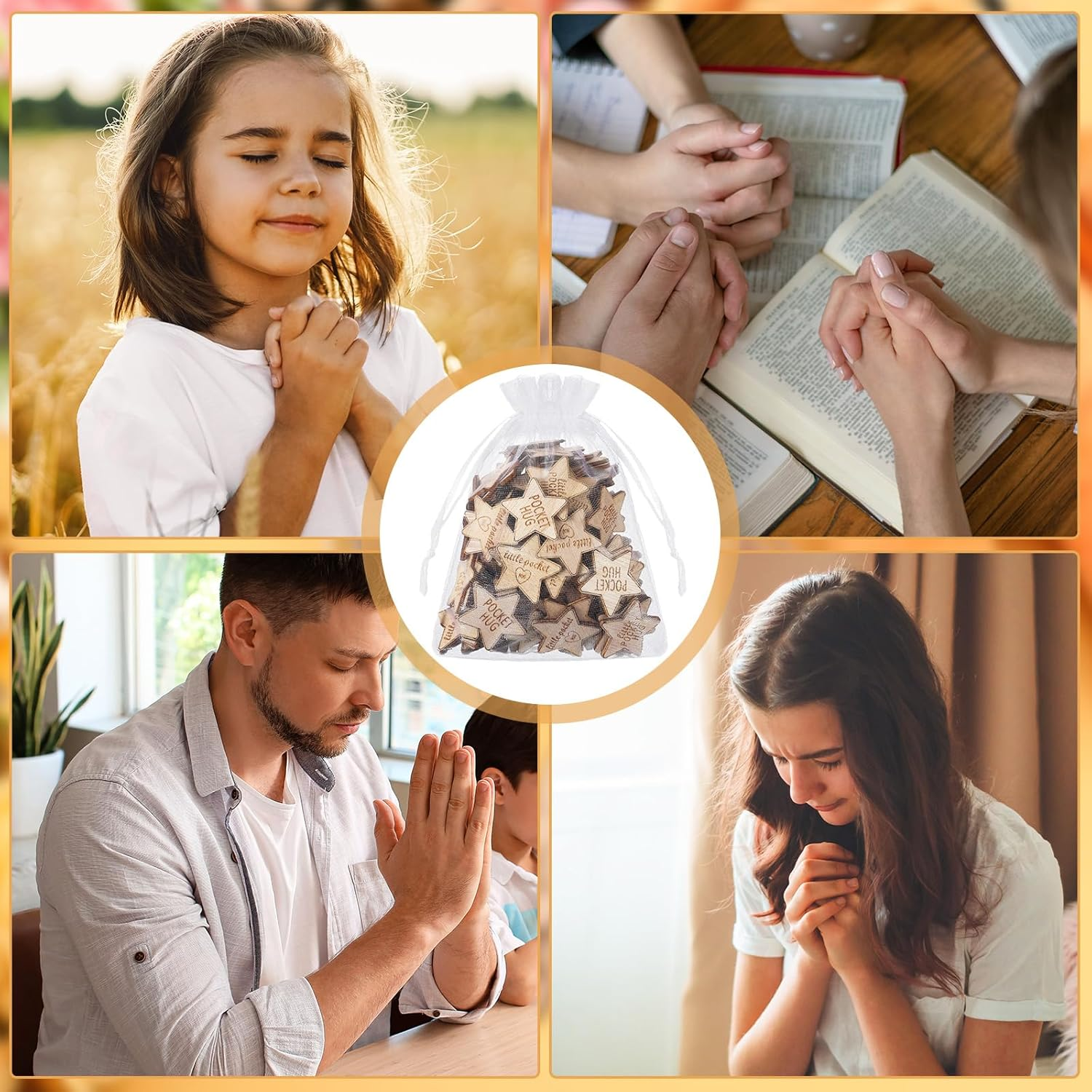 Croblissful 150 Pcs Wooden Pocket Hug Token Bulk with 3 Pcs Organza Bags Remembrance Little Heart Star round Pocket Hug Keepsake for Family Birthday Celebration of Life Funeral Love Gifts (Star) - Star image number 5