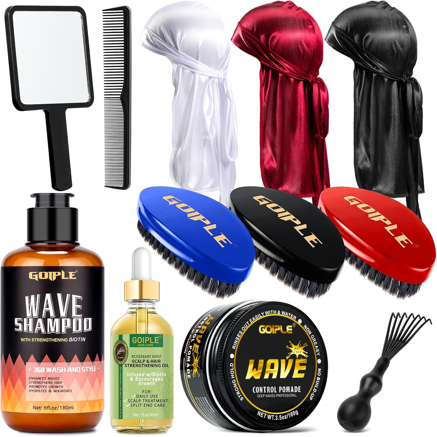 360 Wave Kit for Men Grooming Kit for 360 Waves - 3 Wave Brushes, Soft, Medium & Hard - Satin Durag, Hand Mirror, Hair Comb, Hair Brush Cleaner, Wave Pomade & Shampoo & Rosemary Oil - Best Gift Set