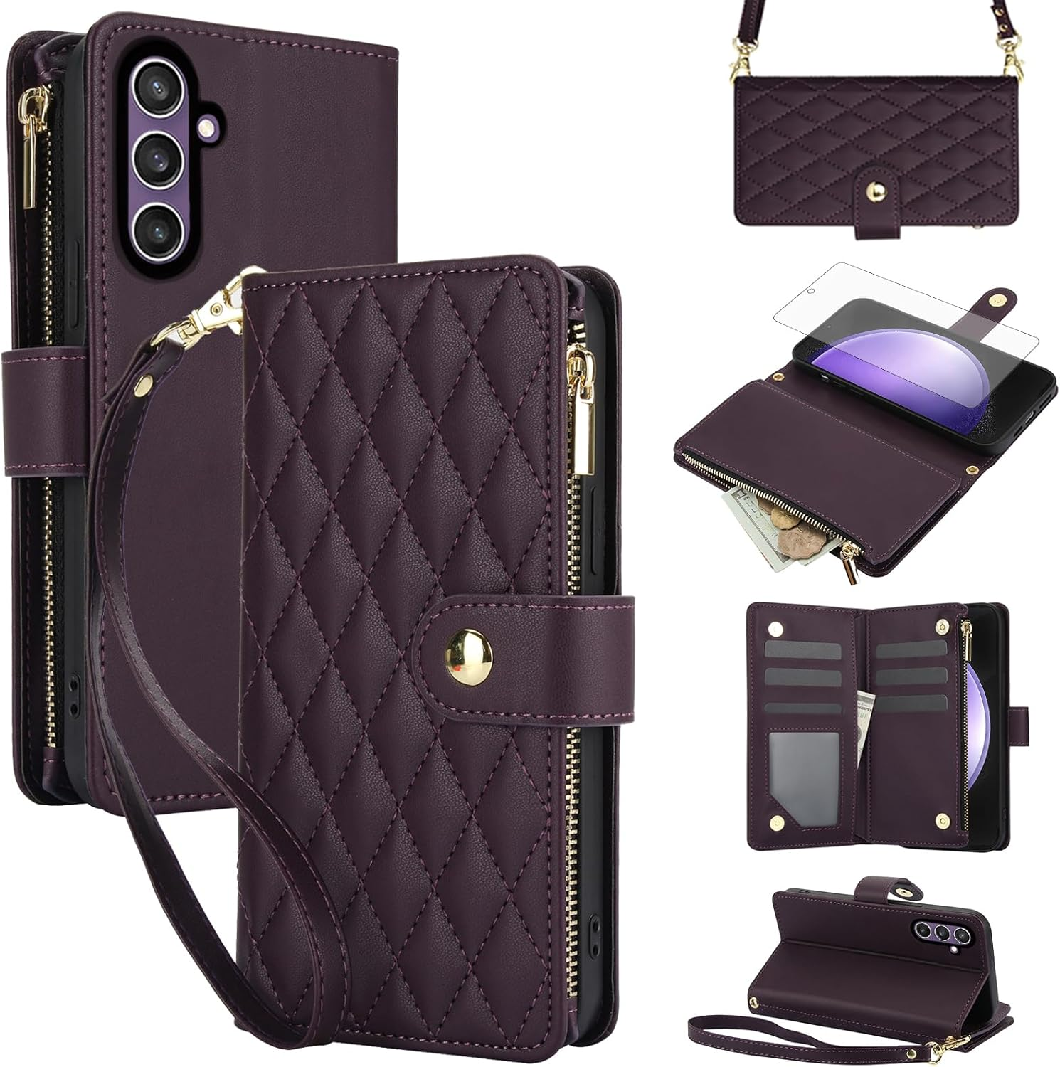 Asuwish Mobile Phone Case for Samsung Galaxy S23 FE 5G Case with Strap Film Protective Film Card Slot Foldable Leather Wallet Stand S 23 S23FE 23FE Mobile Phone Cases Protective Mobile Phone Case Dark