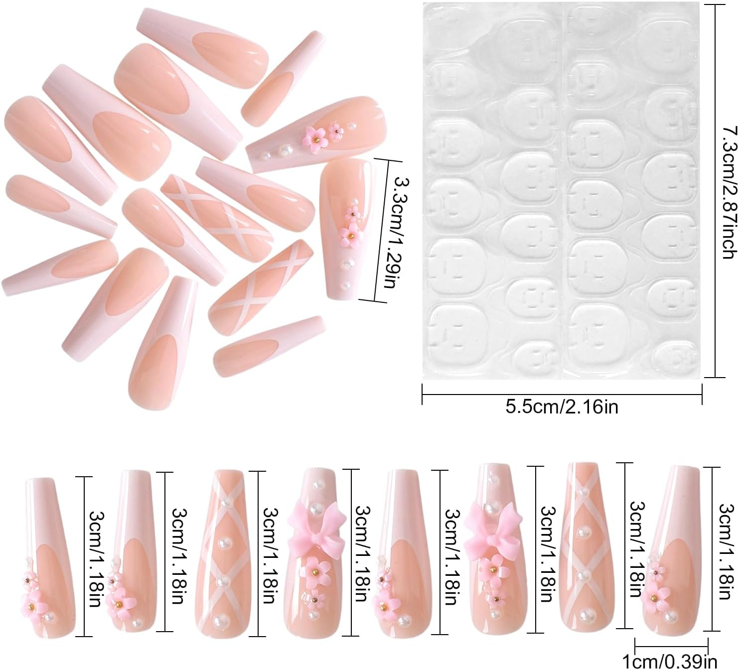 Pack of 24 Press on Nails, Artificial Nails with Adhesive Pads and Nail Files Buffers, Square Fingernails, Pink Nails for Sticking, Nails Ballet, for Women and Girls Nail Art image number 4