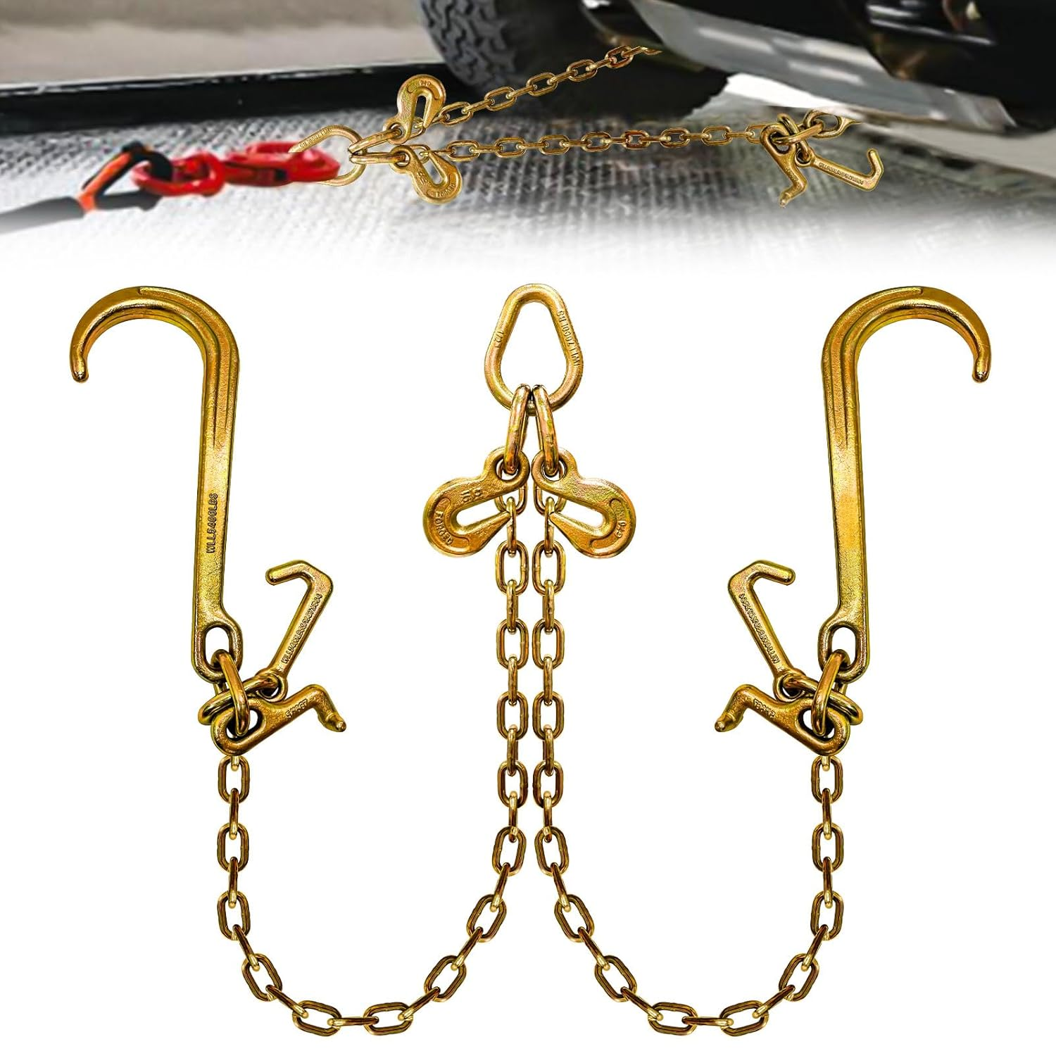 G80 J Hooks Tow Chain, 5/16" X 6' Recovery Tow Hooks Chain 15IN J Hook W/Rtj & Grab Hook, 18800LBS Tow Truck Accessories J Hooks, Bridle Tow Transport Chain, Wrecker Towing Truck Equipment, 2PCS