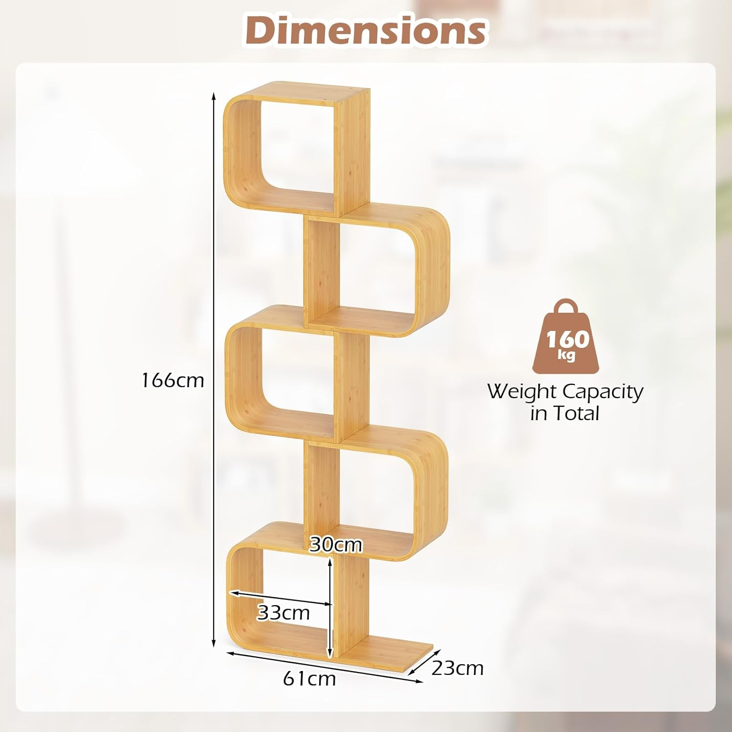 Giantex 5-Tier S-Shaped Bookcase, Bamboo Bookshelf with 5 Open Cubes, Geometric Corner Display Shelf, Decorative Storage Organizer, Floor Storage Rack for Living Room, Study, Home Office, Natural